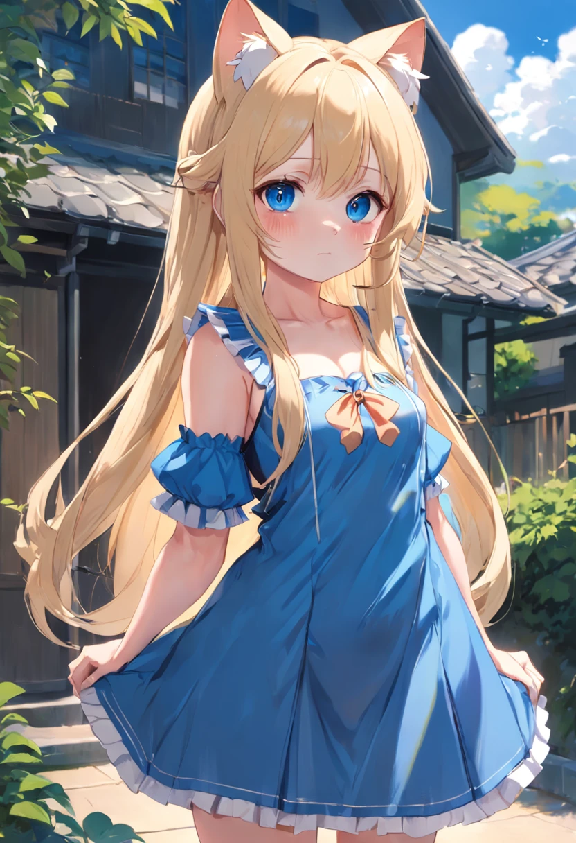 (Long blonde hair and cat ears),Anime girl in blue dress stands in front of house, in dress, small curvy lolite anime waifu in a nice dress, splash art anime loli, Cunime girl, pretty anime girl, blonde anime girl with long hair, Beautiful anime girl, young anime girl, clean detailed anime art, portrait of cute anime girlbabes,No arm frills required,Stand in the garden,Anime cat-eared girl wearing one piece, Lori in dress having breakfast, small curvy loli, artwor the style of guweiz, guweiz on pixiv artstation, guweiz on artstation pixiv, guweiz, small loli girl, soft e illustration, Anime visuals of cute girls, Detailed Digital Anime Art