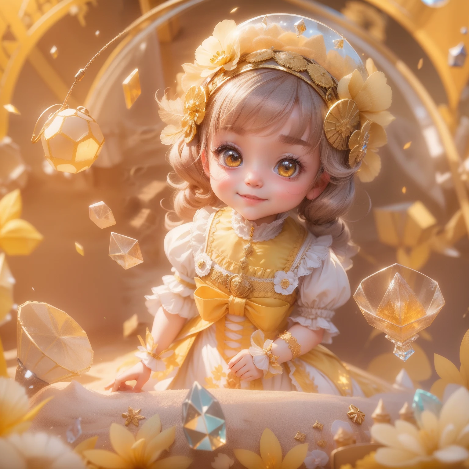 (sandbox:1.4),in a panoramic view，Solo, Full body，tchibi，e litrl, Delicate headgear，ssmile，Rococo style，Glass material，crystal material，ighly detailed, cinematic lighting effect，4K，tmasterpiece，offcial art　amarelo　doress