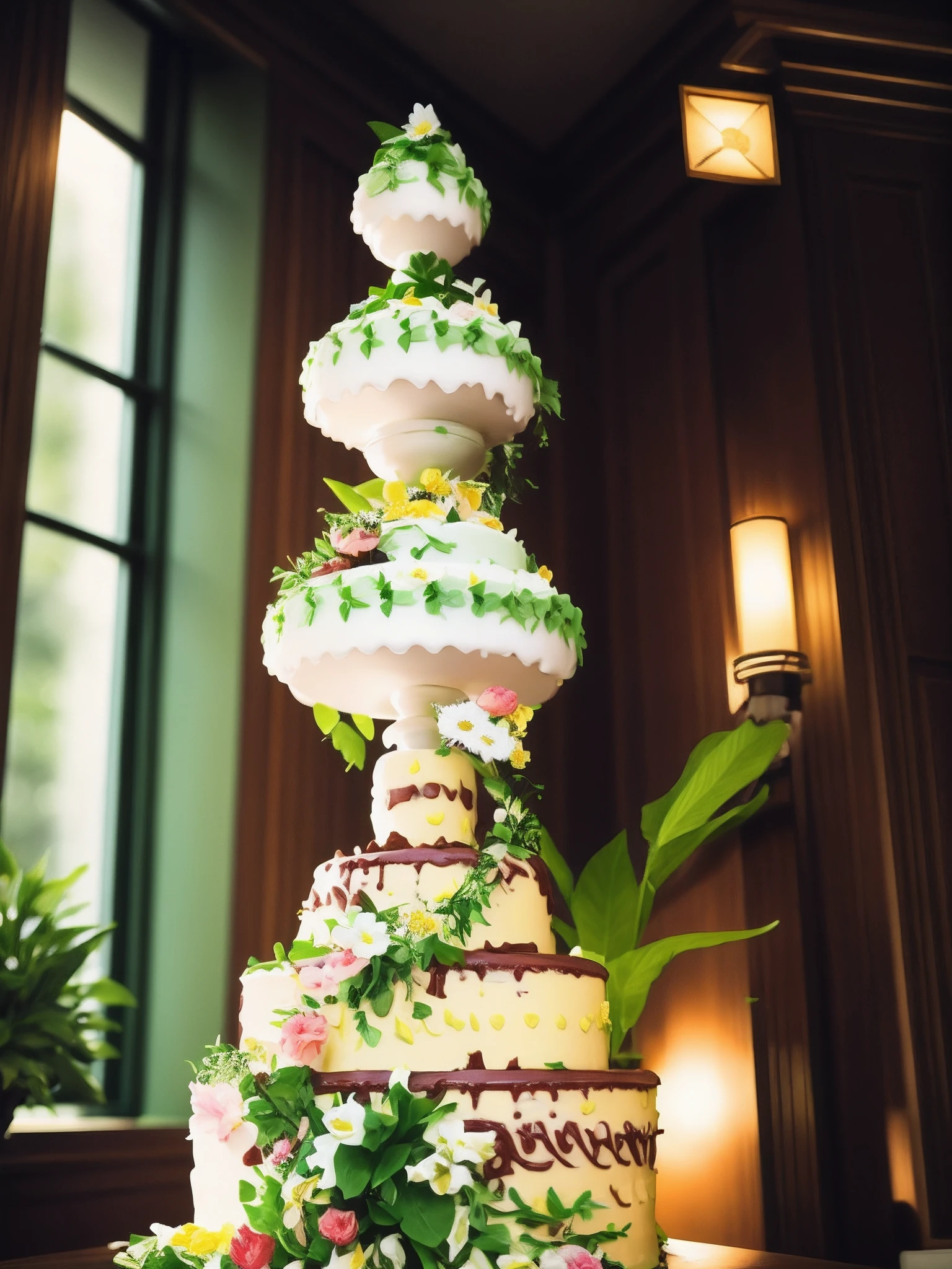 cake, flowers, green plants