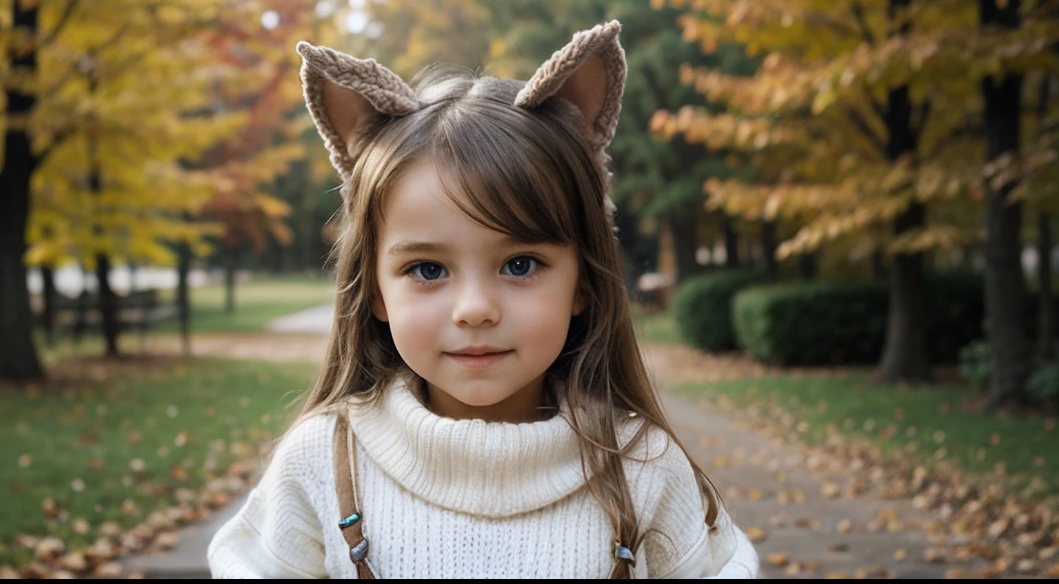 CHILD girl with long blonde hair wearing a white sweater and ears with mufflers.