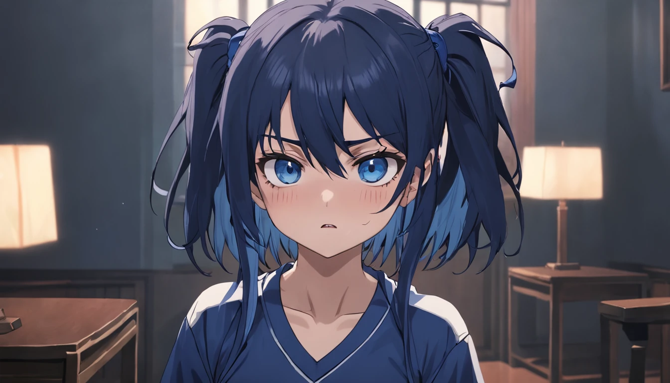 annoyed 20 year old, female bully gym outfit, navy blue hair gothic, in bedroom, glaring at viewer in disgust, spiky necklace, carrying heavy bookbag, focus on face, blue_eyes, navy blue t-shirt, dark room