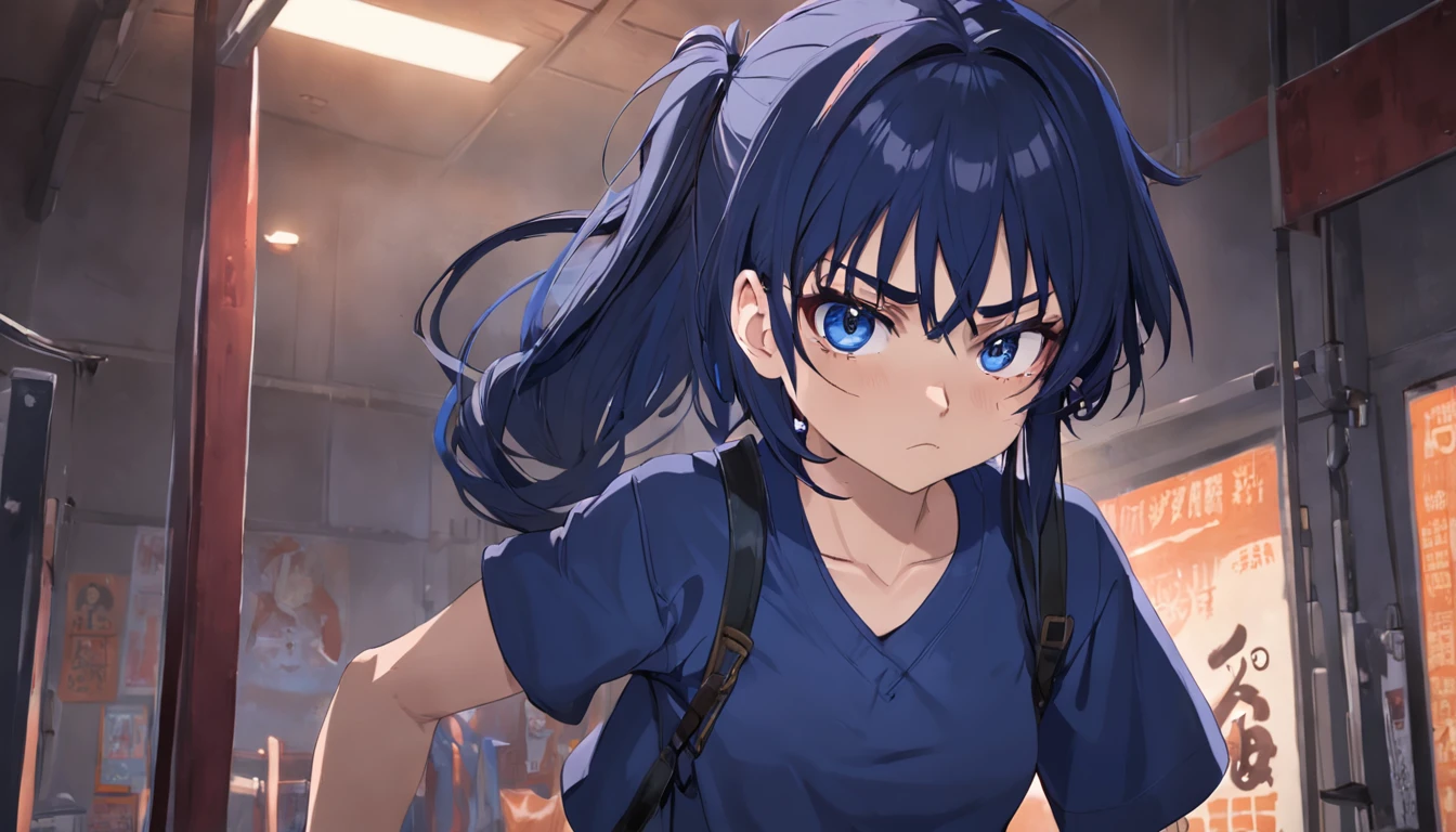 annoyed 20 year old, female bully gym outfit, navy blue hair gothic, in bedroom, glaring at viewer in disgust, spiky necklace, carrying heavy bookbag, focus on face, blue_eyes, navy blue t-shirt, dark room