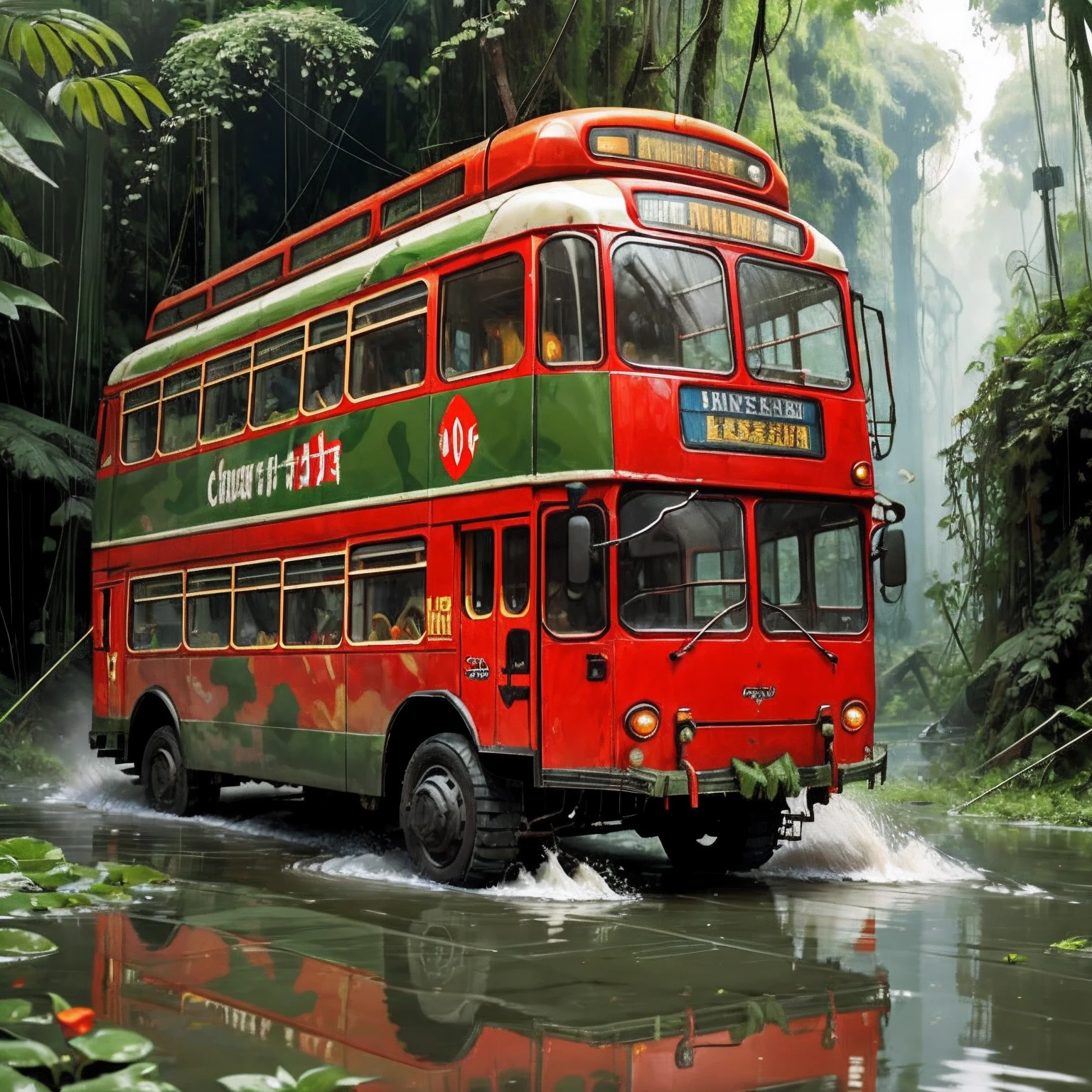 (chariot:1.1), (trolleybus:1.08), (Painted bright red:1.05), Vehicle focus, no man, debris, camouflage, slime, splashing, jungle, dirty