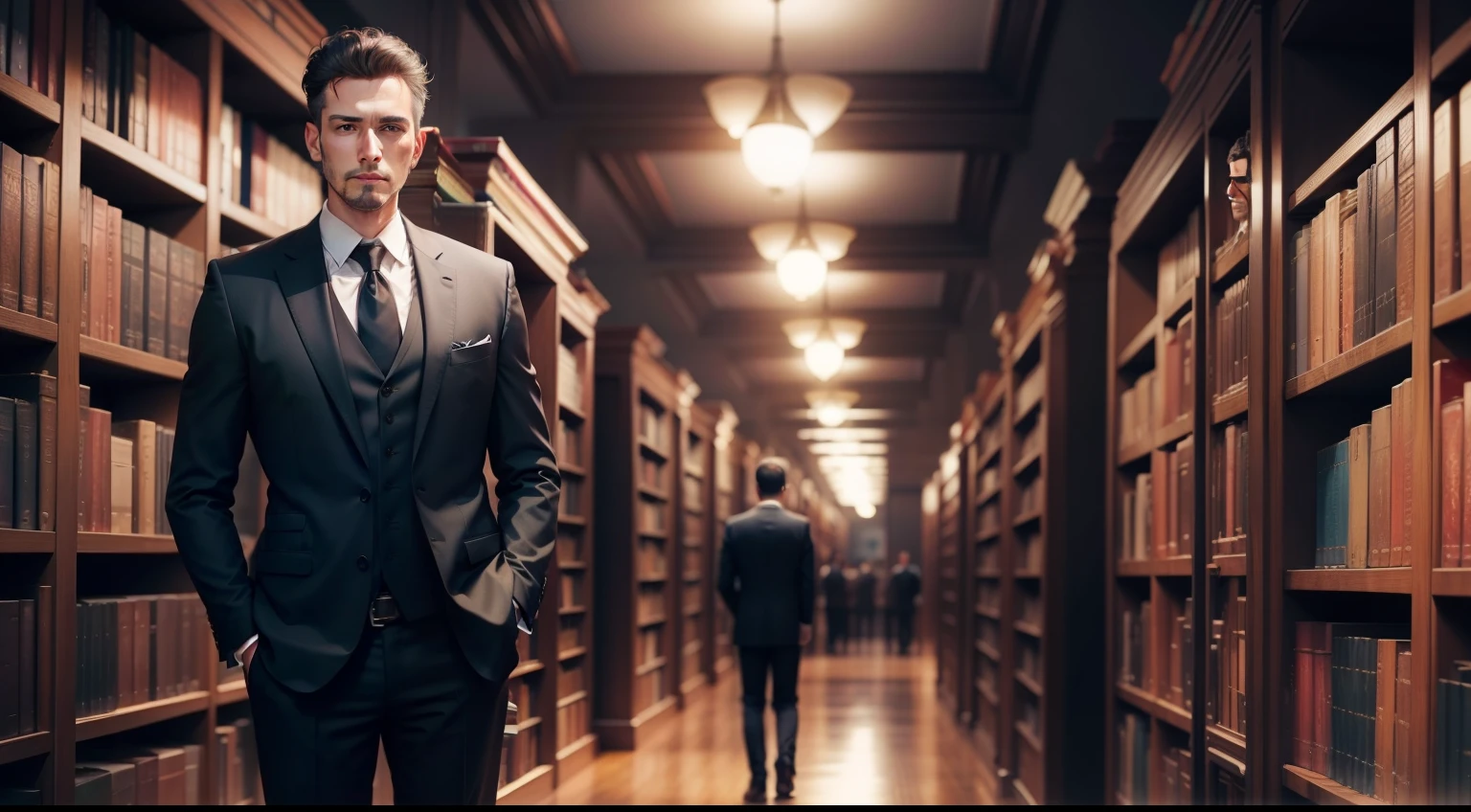 Rich man in suit standing with books around him