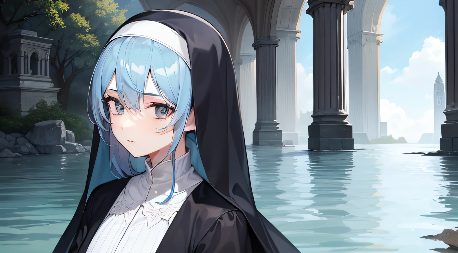 1girl, proper clothing, nun, elegant, lady, mature, tall woman, (Topaz blue hair: 1.2), ruins, lake, detailed face, cute face, detailed hair
