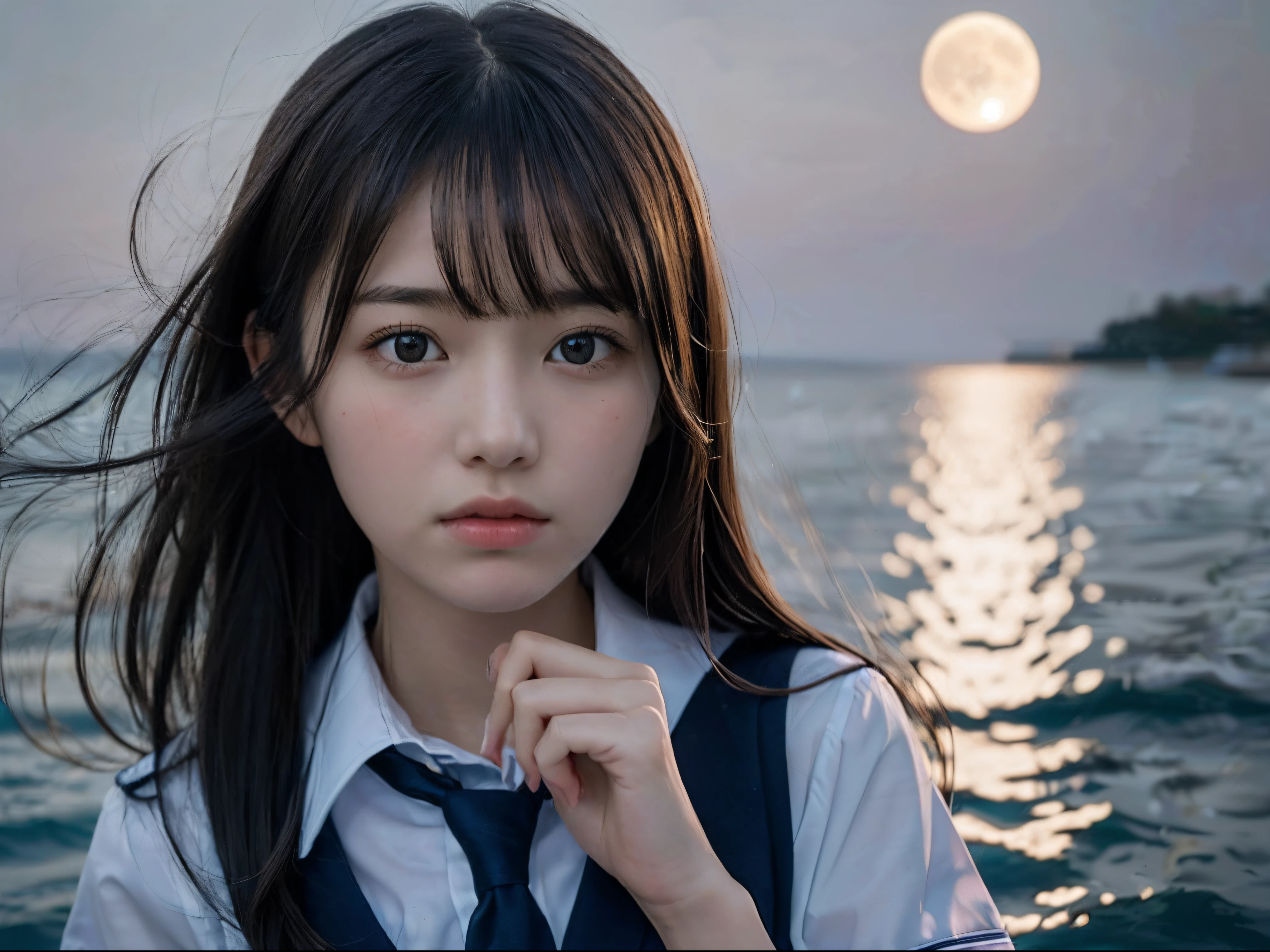 (Close up portrait of one girl with slender small breasts in school uniform:1.5)、(Girl with hair swaying in the wind looking at the big full moon with a sad expression 1.3)、(Large full moon reflected in the sea at night :1.3)、(Perfect Anatomy:1.3)、(complete hands:1.3)、(complete fingers:1.3)、Photorealsitic、Raw photography、masutepiece、top-quality、hight resolution、delicate and pretty、face perfect、Beautiful detailed eyes、Fair skin、Real Human Skin、pores、((thin legs))、(Dark hair)