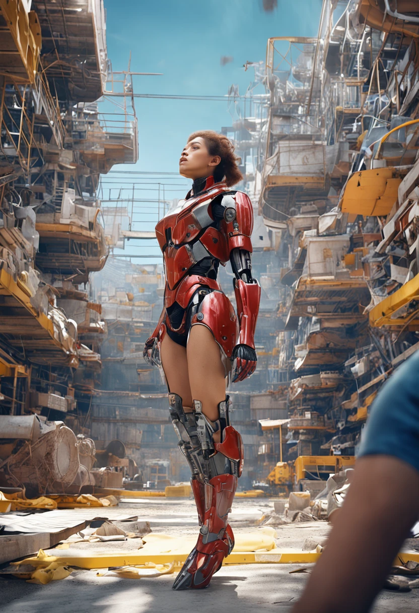 RAW, tmasterpiece, ultra fine photos, best qualtiy, 超高分辨率, Photoreality, rays of sunshine, full-body portraits, stunningly beautiful, dynamicposes, delicated face, vibrant eyes, (seen from the side), She wears a futuristic Iron Man mech, Red and gold color scheme, very detailed abandoned warehouse background, detailed face with, Detailed and complex busy background, untidy, opulent, milkyW, Highly detailed skin, Realistic details of skin, Visible Pore, tack sharp focus, volume fog, 8k uhd, digital SLR camera, high qulity, filmgrain, White skin of the, photo-realism, lomography, Huge metropolis in a dystopia of the future, look from down, semi transparent