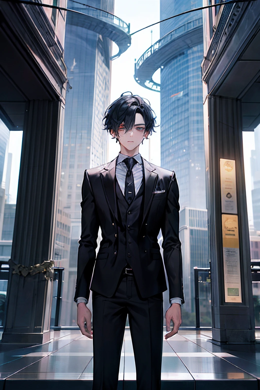 In the vibrant setting of a modern fantasy city, A 24-year-old presents himself with a presence that evokes a combination of youth and maturity. Su cabello corto de color negro enmarca un rostro experimentado y reflexivo, mientras que sus ojos grises reflejan una profundidad de pensamiento. Viste con un traje negro que fluye elegantemente como una capa larga, Adorned with white details that shine in harmony with the city light. En un plano medio, Your character looks toward the viewer with an expression that captures their determination and a touch of mystery...... en el fondo, The modern city comes alive with futuristic skyscrapers and age-defining technology. En este escenario de maravillas y retos por descubrir, He personifies the fusion of youth and wisdom in a world full of opportunities....