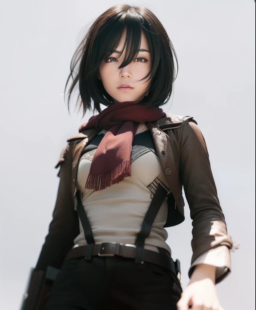 1girl, Mikasa Ackerman, Brown jacker, SH ort hair, Black hair, realistic, ultra detail,70mm lens,