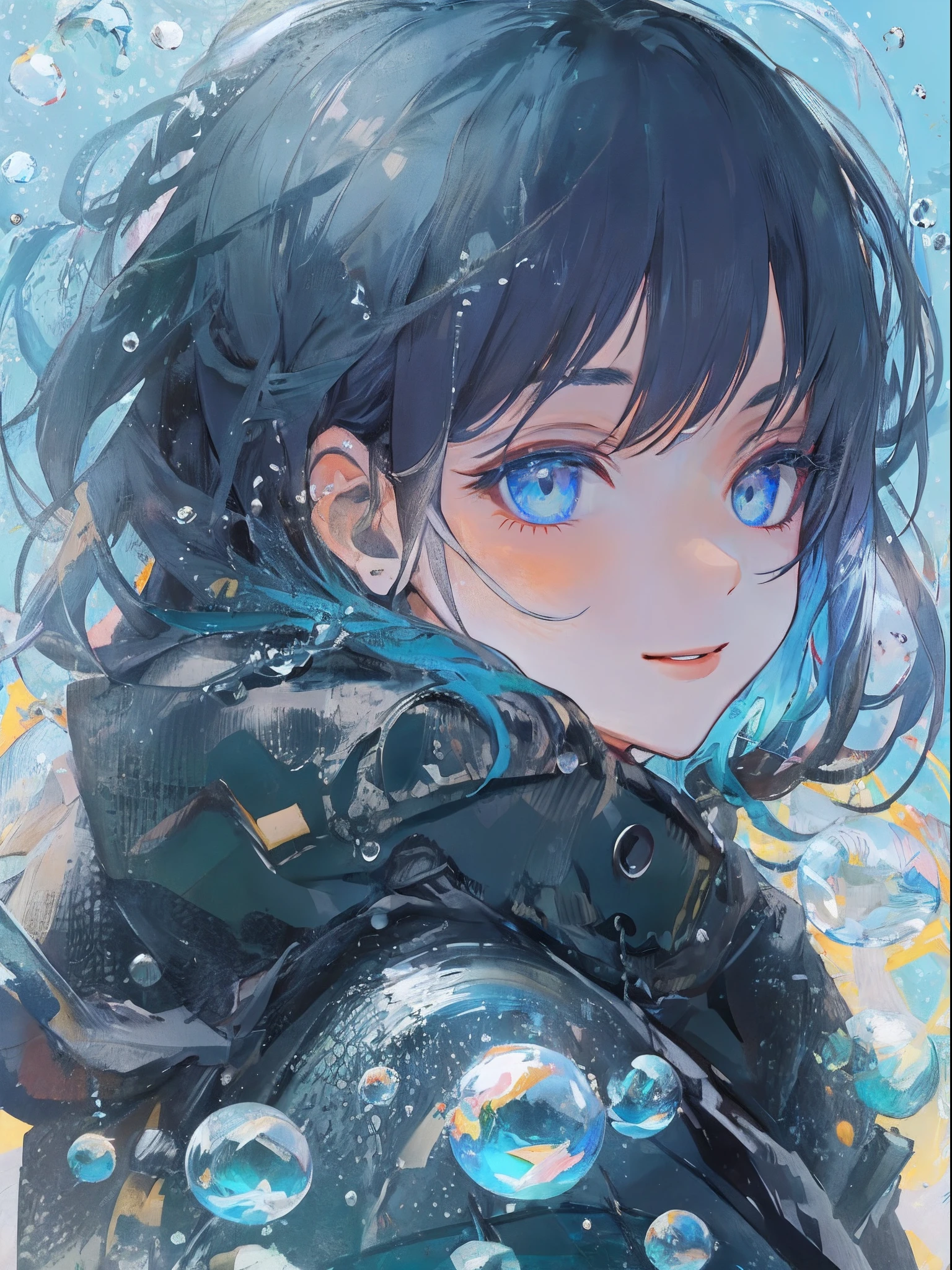 ((top-quality)), ((masterpiece)), ((ultra-detailliert)), (extremely delicate and beautiful), girl with, 独奏, cold attitude,((Black jacket)),She is very(relax)with the(Settled down)Looks,A dark-haired, depth of fields,evil smile,Bubble, under the water, Air bubble,bright light blue eyes,Inner color with black hair and light blue tips,Cold background,Bob Hair