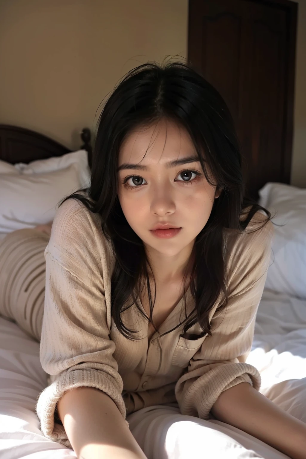 1girll，Lie down in bed，Feet up，In pajamas，A sense of life，Very detailed faces，Natural light effects