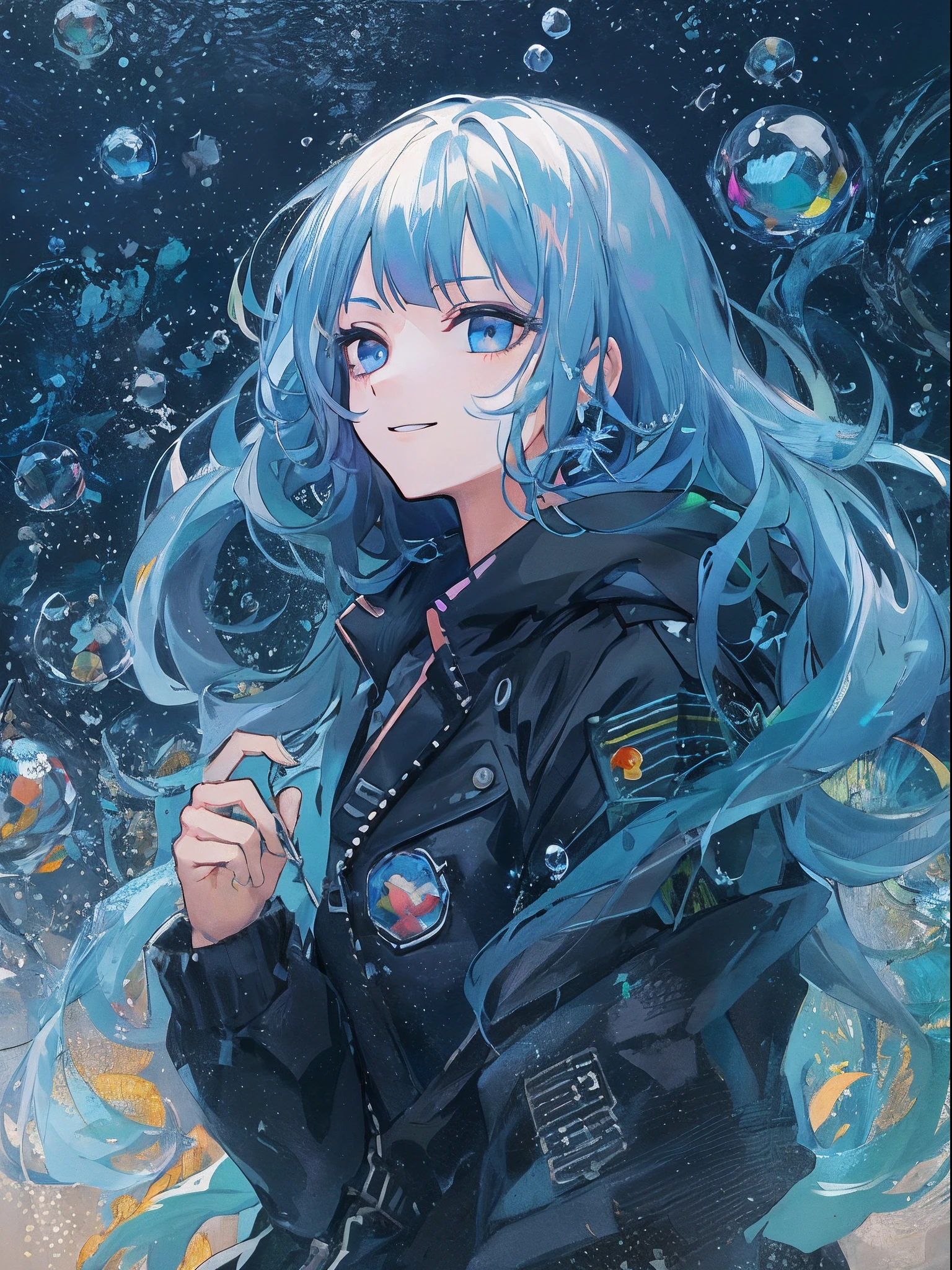 ((top-quality)), ((​masterpiece)), ((ultra-detailliert)), (extremely delicate and beautiful), girl with, 独奏, cold attitude,((Black jacket)),She is very(relax)with  the(Settled down)Looks,A dark-haired, depth of fields,evil smile,Bubble, under the water, Air bubble,bright light blue eyes,Inner color with black hair and light blue tips,Cold background,Bob Hair