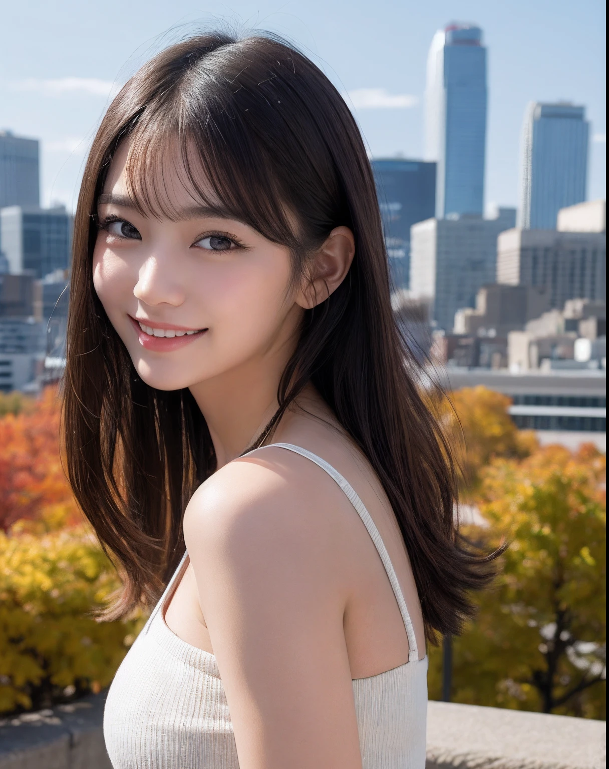masutepiece, Best Quality, Photorealsitic, finely detail, hight resolution, 8K Wallpapers, Perfect dynamic composition, Beautiful detailed eyes, Medium Hair, large full breasts, Random and sexy poses,Random situations、tight black knit、Breast bulge、A smile、Autumn cityscape、25-years old、drooing eyes、Adult beauty、natural make up、japanes