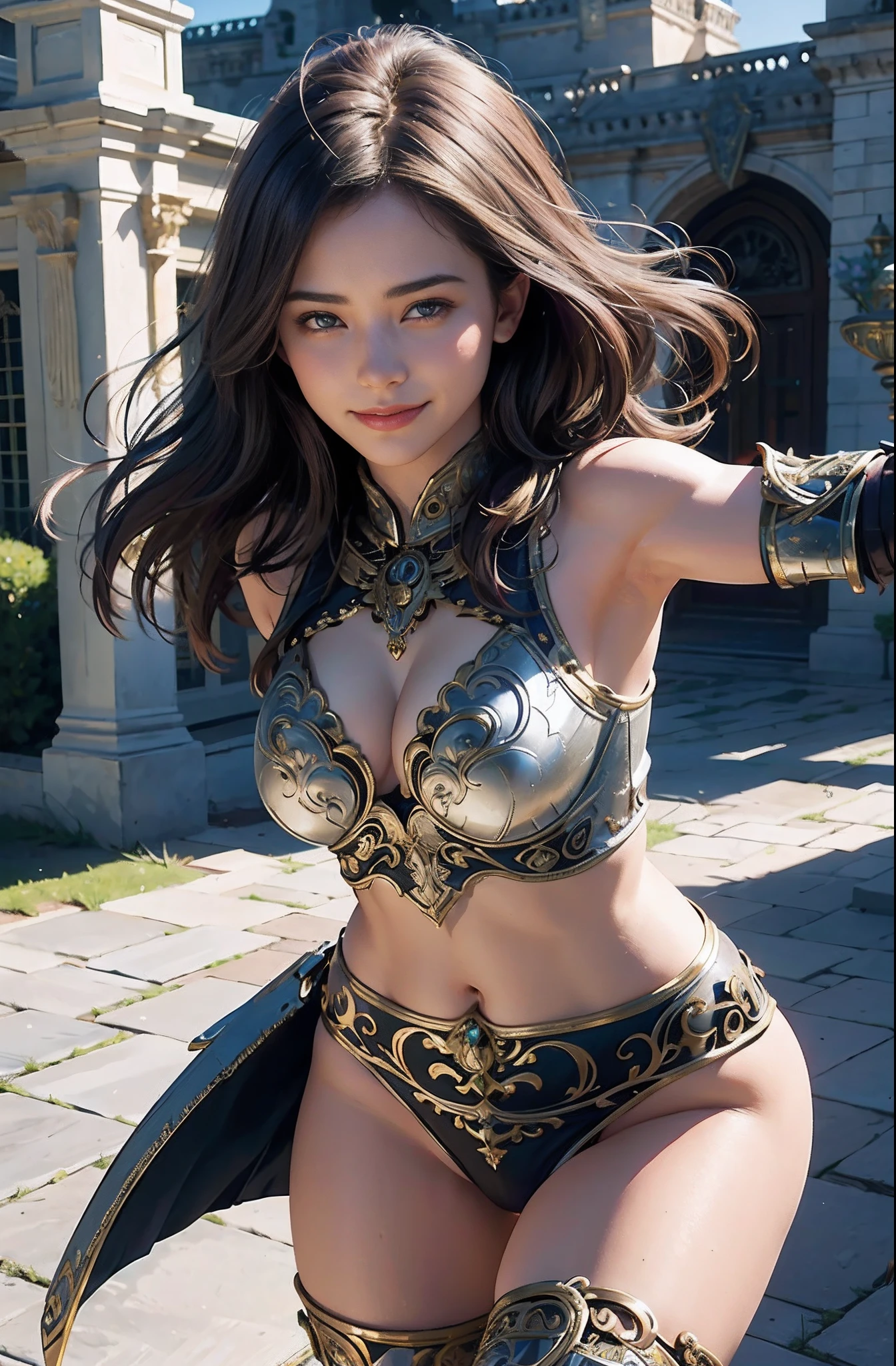 (8K, RAW photo, Best quality, Masterpiece:1.2), (Realistic, photo-realistic:1.37), Ultra-detailed, light in face,Ray tracing,Beautiful detailed eyes,Professional lighting, photon maping, Radio City, Physically-based rendering, Beautiful detailed eyes,full bodyesbian,1 girl,a beauty girl,Solo,(Smile:1.15),(((Closed mouth))),((ornate armour:1.6)),Grass, Castle, a knight girl,,the creamy smooth skin,Bare_bshoulders,cleavage,Bare with thighs,Bare navel,Outdoors,Beautiful and delicate water,Fighting_stance,