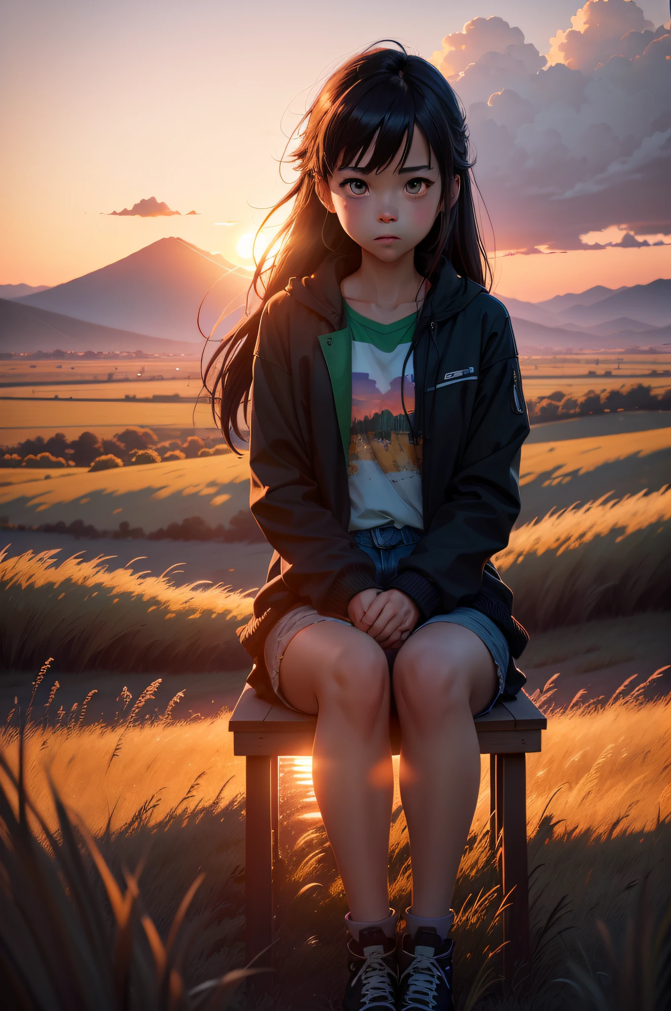 The sea, the huge steel suspension bridge in the background, the Gate Bridge,
girl, smile, angle, pose, casual,
squat,
lens flare, light particles, flat illustration, ai-generated,