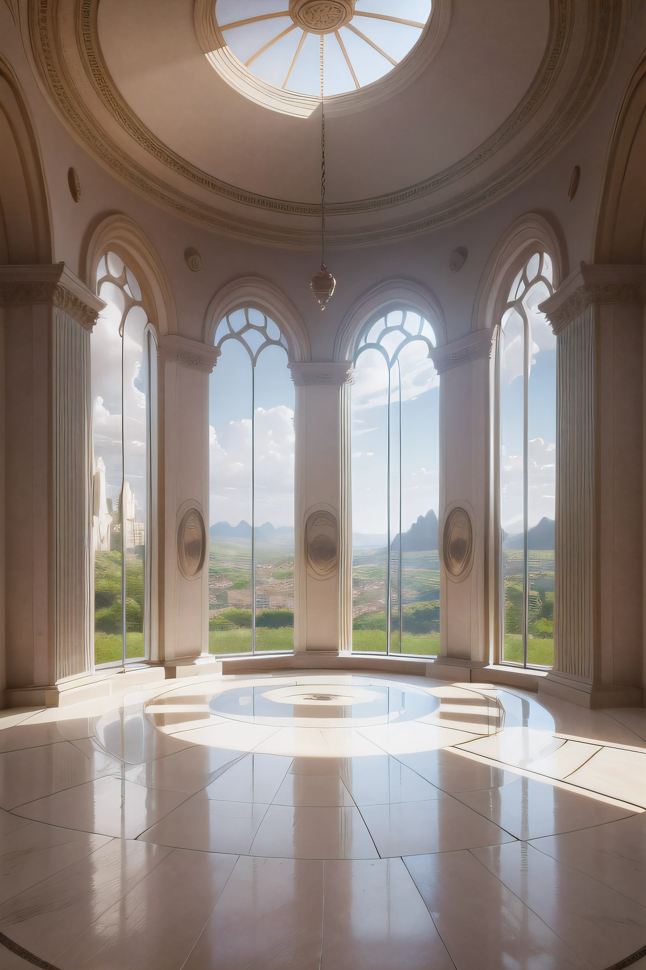 There is a large large round room with many windows, no alto de uma torre e um piso de pedra branca, elven architecture, realista