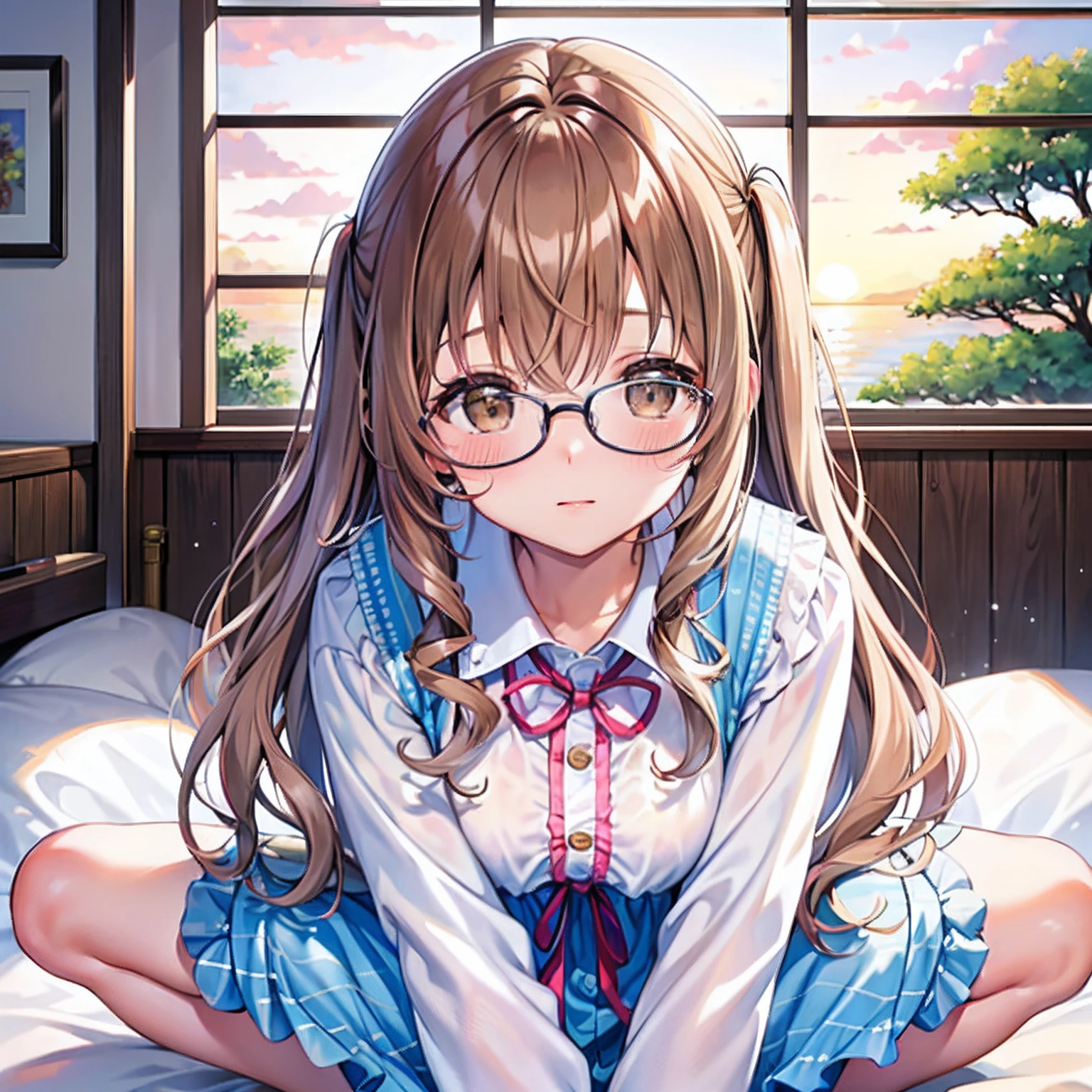 Yumekawa 、Cute as a dream、pale 、moya、(tmasterpiece、top-quality、top-quality、watercolor paiting(curly)、offcial art、aestheticly pleasing:1.2)、((２Beautiful girl:1.3))、２Girl vs((((pale brown hair、long whitr hair、eye glass、Brown eyes))),（(The blonde、short detailed hair、((((Brown-skinned))))、tusks、gals))）、the setting sun、Sunset reflection、(((Student clothes)))、Bring your face closer、lesbian、kawaii、pastels、