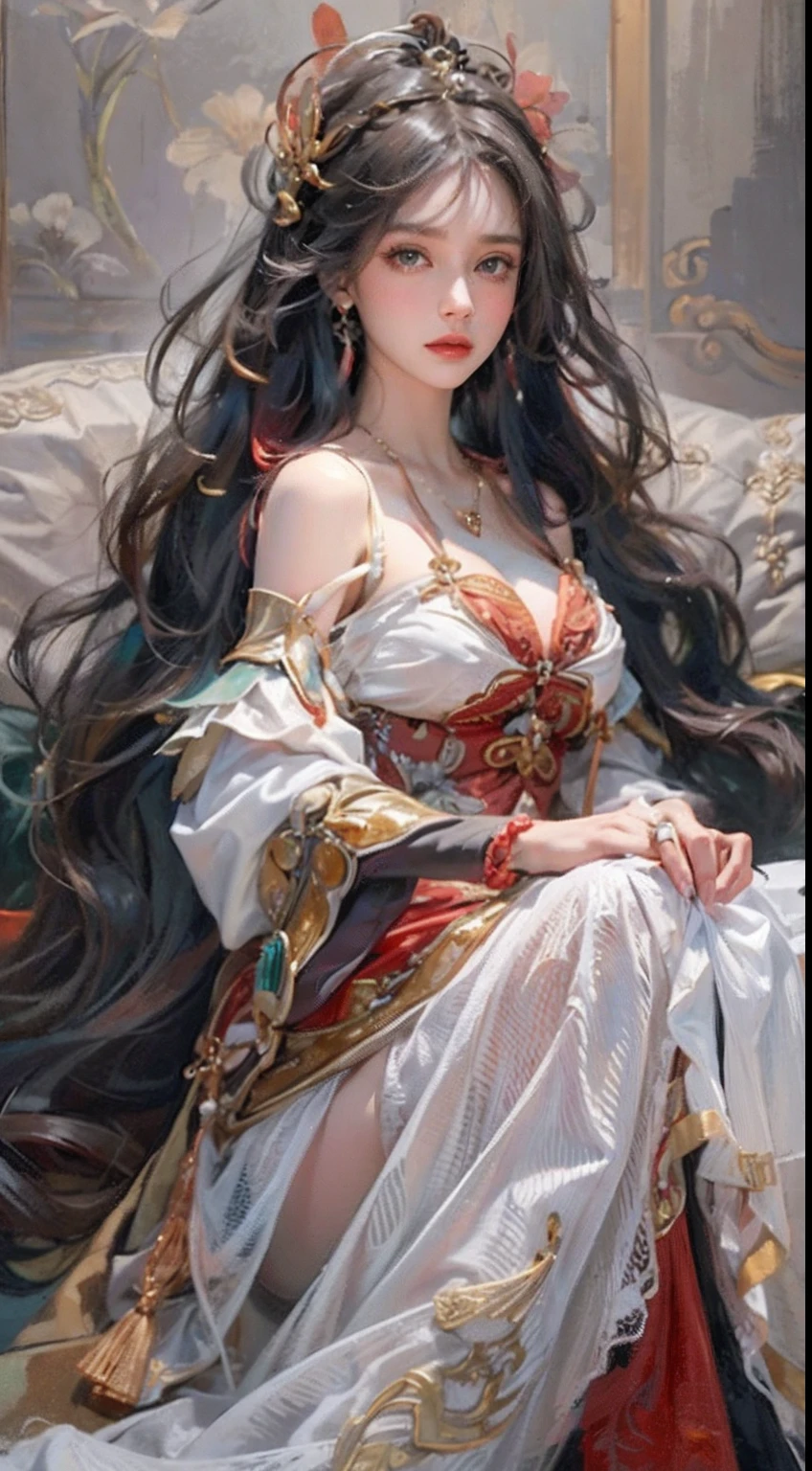 Ultra realistic 8K CG, Picture-perfect face, flawless, clean, masutepiece, Professional artwork, famousartwork, Cinematic lighting, Cinematic bloom, Perfect face,(年轻:1.2)(Voluptuous),((20yr old)), Beautiful face, Beautiful eyes,(:1.1), (((Perfect female body, Narrow waist))), young princess, royal, divine, Goddess, godlike, (the royal palace), Fantasy, Dreams, Unreal, Science fiction, (Normal breasts:1.2), Beautiful clothes, Lace, Lace trim, Lace-trimmed legwear, NSFW,, absurdly long hair, Very long hair, (Rich:1.4), Necklace, earrings, Bracelet, armlet, Looking at Viewer,(thong:1), (There are up to 5 fingers on the hand), (Red Lip), shenhe \(GenshinImpact\)