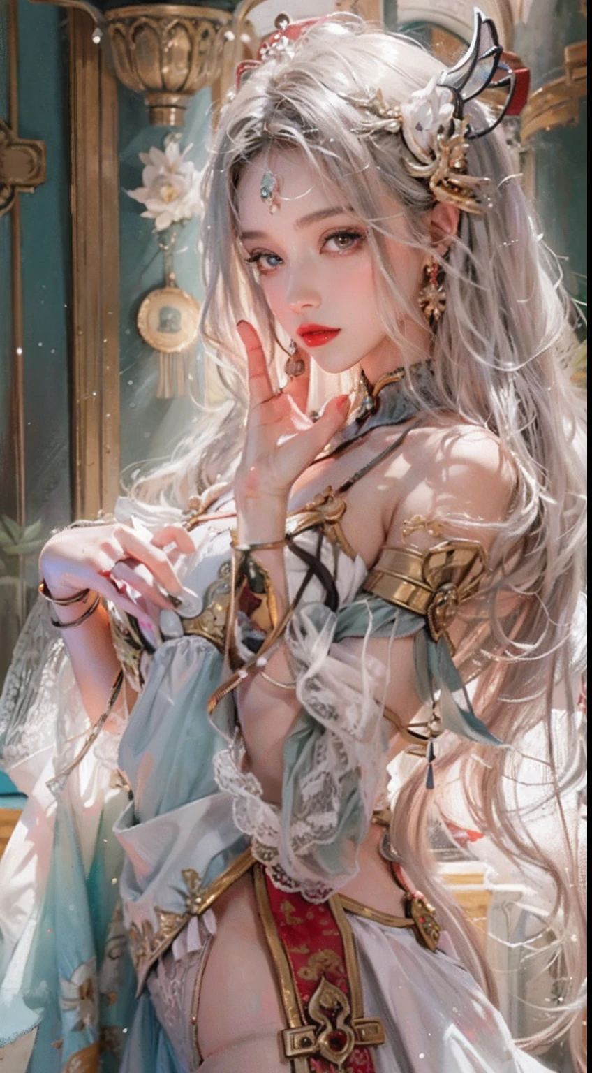 Ultra realistic 8K CG, Picture-perfect face, flawless, clean, masutepiece, Professional artwork, famousartwork, Cinematic lighting, Cinematic bloom, Perfect face,(年轻:1.2)(Voluptuous),((20yr old)), Beautiful face, Beautiful eyes,(:1.1), (((Perfect female body, Narrow waist))), young princess, royal, divine, Goddess, godlike, (the royal palace), Fantasy, Dreams, Unreal, Science fiction, (Normal breasts:1.2), Beautiful clothes, Lace, Lace trim, Lace-trimmed legwear, NSFW,, absurdly long hair, Very long hair, (Rich:1.4), Necklace, earrings, Bracelet, armlet, Looking at Viewer,(thong:1), (There are up to 5 fingers on the hand), (Red Lip), shenhe \(GenshinImpact\)