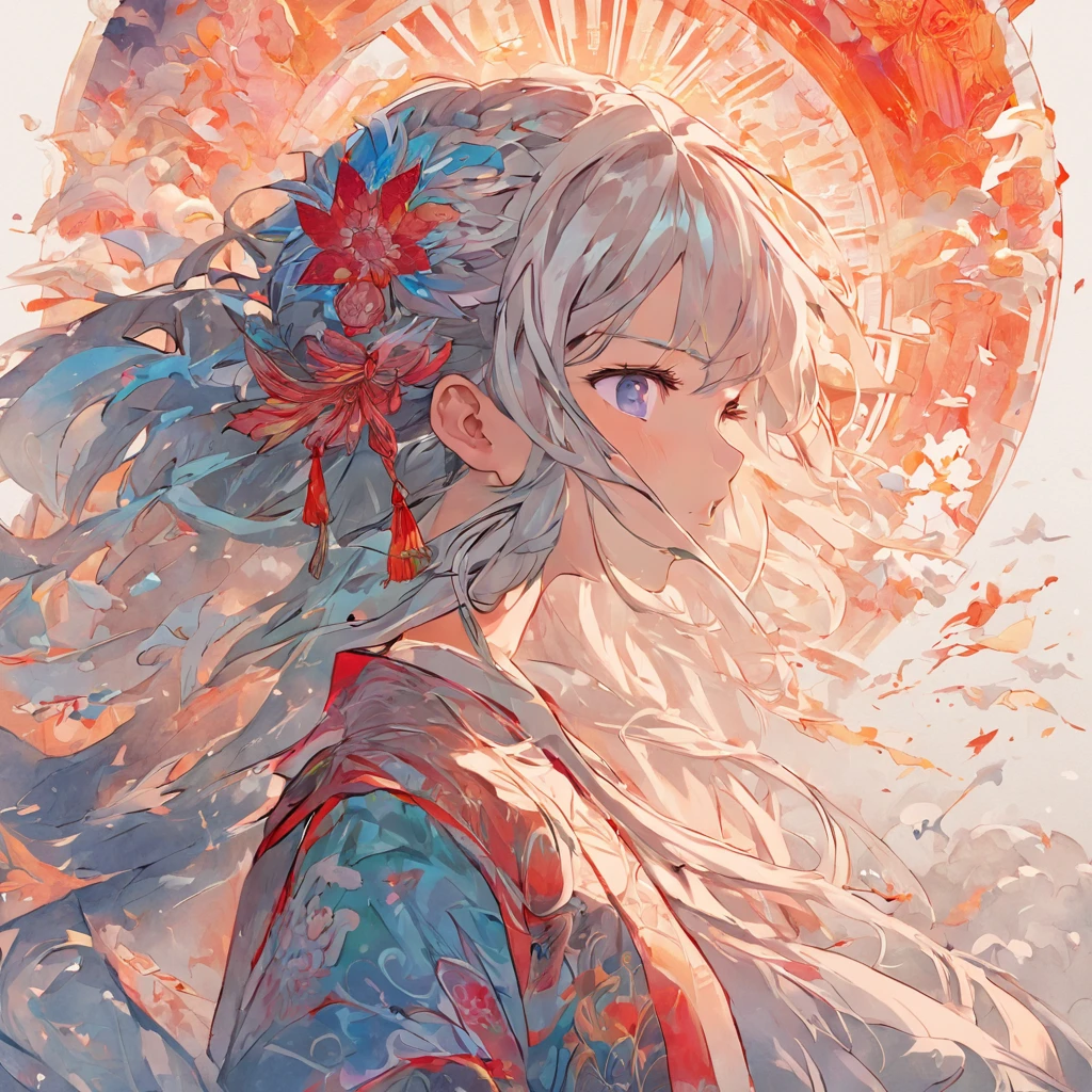 (White background:1.4),(Silhouette of a girl's head, Eyes closed, colorfull long hair, Oriental elements),(Chinese illustration:1.3,paper art:1.3, Quilted paper art:1.2),( reasonable design, Clear lines, High sharpness,Best quality, Very detailed, Masterpiece, movie light effect, 4K )