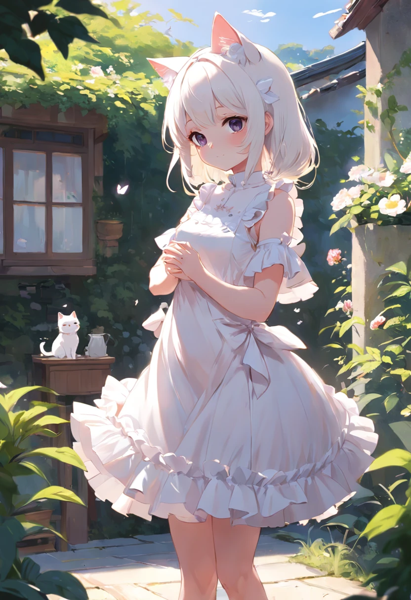 (((No arm frills required)))Anime cat-eared girl in white dress standing in garden, Lori in dress having breakfast, small curvy , artwork in the style of guweiz, guweiz on pixiv artstation, guweiz on artstation pixiv, guweiz, small lolil, soft anime illustration, Anime visuals of cute girls, Detailed Digital Anime Art,(((No arm frills required)))