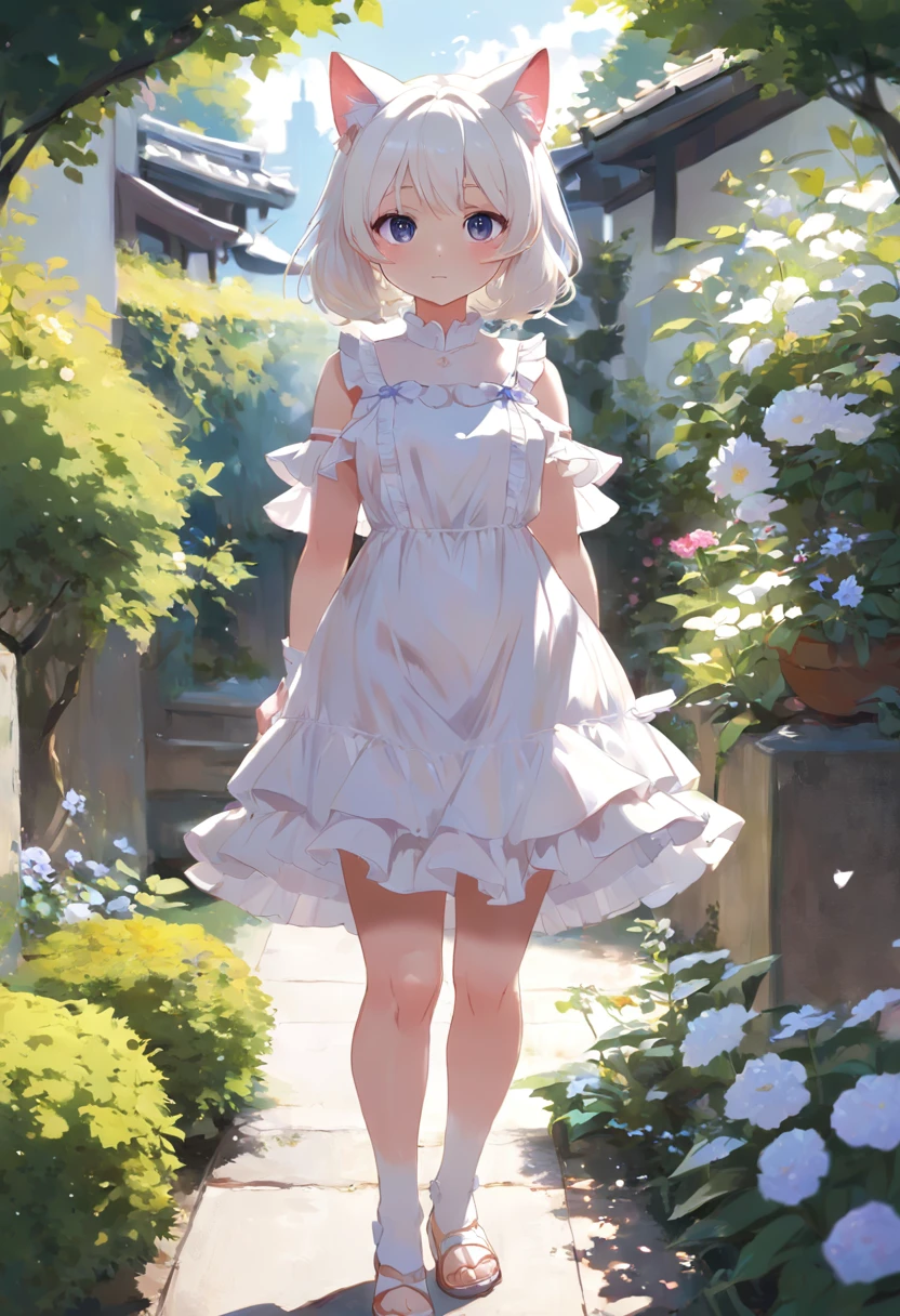 (((No arm frills required)))Anime cat-eared girl in white dress standing in garden, Lori in dress having breakfast, small curvy , artwork in the style of guweiz, guweiz on pixiv artstation, guweiz on artstation pixiv, guweiz, small lolil, soft anime illustration, Anime visuals of cute girls, Detailed Digital Anime Art,(((No arm frills required)))