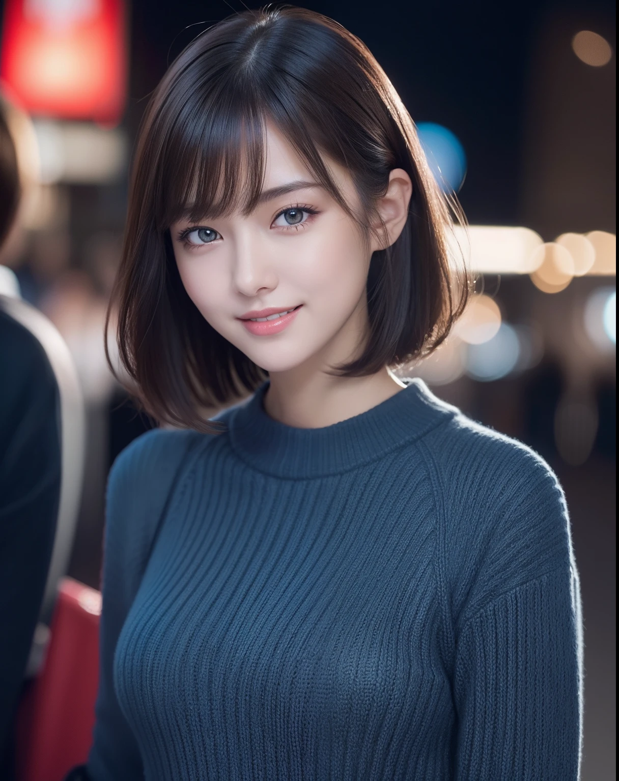 (RAW Photos: 1.2), (Photorealistic: 1.4), (Best Quality: 1.4), Ultra High Resolution, (Detailed eyes), (detailed facial features), (Detailed clothing features), nffsw, 8K resolution, Solo Focus, Bangs, skin tightening, (Slender girl), Dreamy, japanes, (Ultra-fine illustration), landscape, No text, medium breasts, Medium short hair, dark brown hair, Dark eyes, One girl, Full body, a miniskirt, background is night park, light blue tight sweater, Cute, Sexy, (Smile)