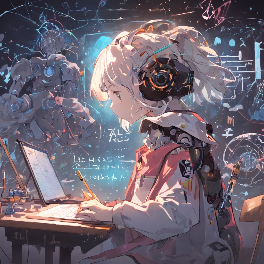 A horizontal 4x4 collage-style image representing STEAM and education. From left to right: a student wearing a virtual reality headset, surrounded by blackboards with complex math equations and scientific apparatus. Then, a classroom where children work together on an artistic-technological project, using legos, computers and musical instruments. In the center, the text EDUCATING TO INNOVATE in dynamic font. On the right side, a humanoid robot teaching in a class with students listening closely. In front, a girl coding on a laptop next to a rocket launching. All on a chalkboard background in bright colors. Dramatic lighting, sharp focus, professional style.