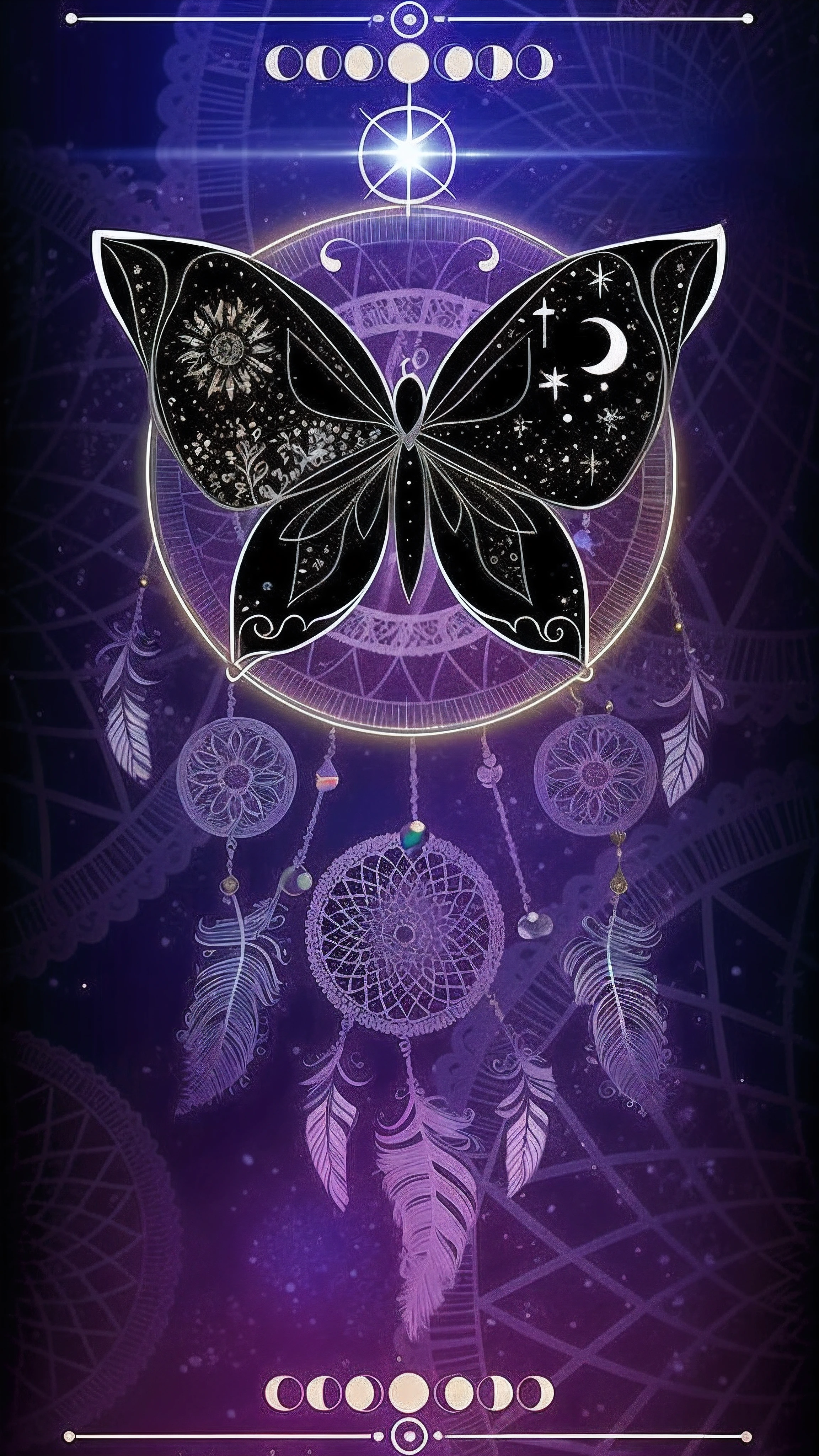 Purple and black poster，There are butterflies and moons on it, Galactic Dream Catcher, Dreamcatcher.com.。.com.。.。.com, Dreamcatcher.com.。.com.。.。.com, tarot design, High quality details，8K quality，Amazing detail，dreamy and detailed, Butterfly, tarot card art, author：Mia Brownell, author：Caroline Chariot-Dayez, detailed dreamscape, as a tarot card, Butterfly wings, tapestries of dreams, Cosmic Butterfly Nebula, harmony of butterfly