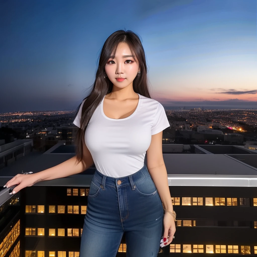((Midnight, Best quality, 8k, Masterpiece :1.3)), Whole body, Long legs, Sharp focus :1.2, A pretty woman with perfect figure :1.4, Slender abs :1.1, ((Dark brown hair, Big breasts :1.2)), (White tight tshirt, Jean bib, Standing:1.2), ((Night city view, Rooftop:1.3)), Highly detailed face and skin texture, Detailed eyes, Double eyelid