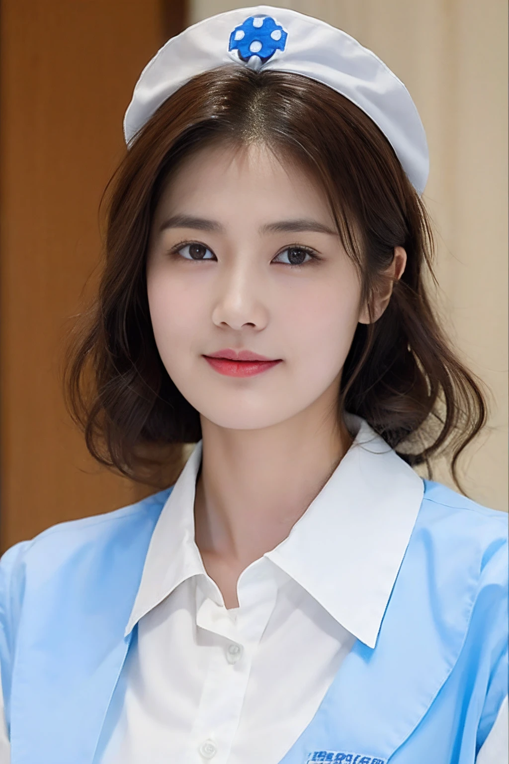 (top-quality、8K、32K、tmasterpiece、NFFSW:1.2)、Photo of a cute Japanese woman、1 rapariga、(Medium Short Dark Brown Hair)、(huge tit)、二重まぶた、White nurse uniform、Small white nurse cap 、White shirt、open-shirt、hospitals、sickroom、The upper part of the body、