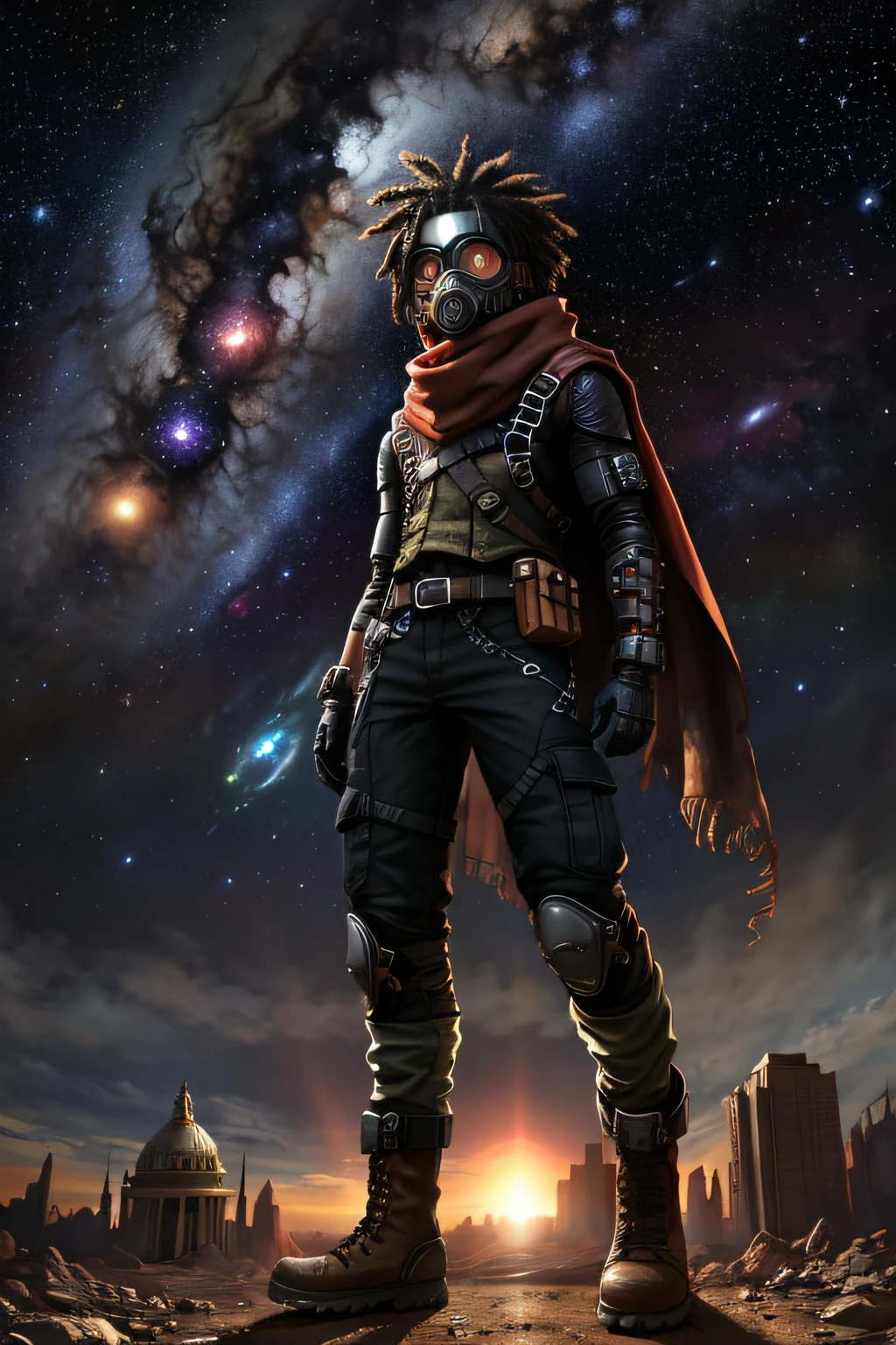 DollieNobodySD15 Post-apocalyptic, man, male, masculine character, shabby Scavenger Outfit: gas mask, red hood, red cape, black hair, dreadlock hair, black hair, cargo pants with patchwork repairs, sturdy scuffed combat boots, fingerless gloves, multipurpose scarf. lob hair by Keith Parkinson Galactic Observatory, Space observatory studying distant galaxies, black holes, and cosmic phenomena. bright morning sunlight shining (zrpgstyle) (masterpiece:1.2) (best quality:1.2) (detailed) (intricate) (8k) (HDR) (cinematic lighting) (sharp focus)