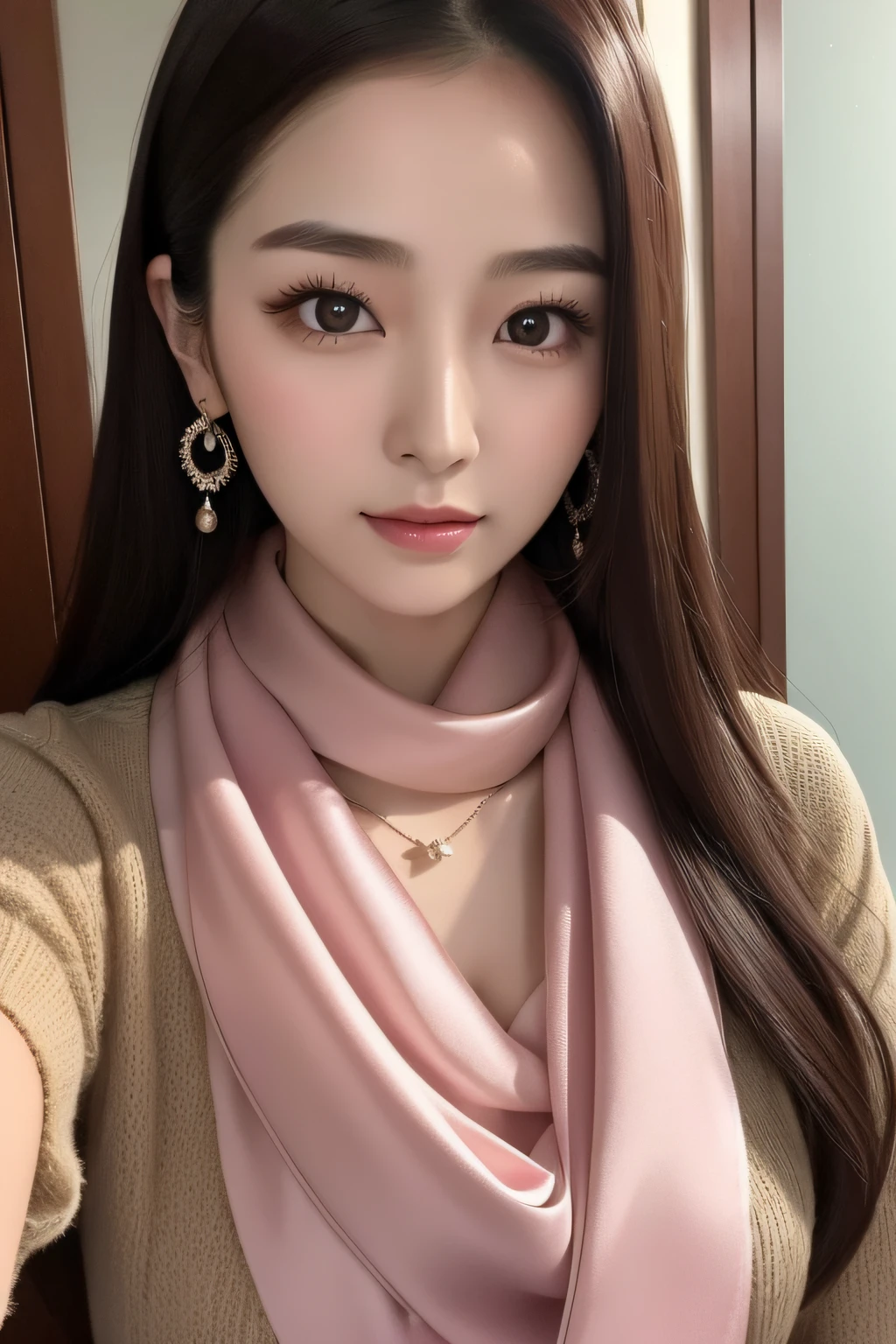 Close-up of a woman wearing a silk scarf and necklace, gorgeous chinese models, She was about 25 years old, she is about 30 years old, 8k selfie photograph, She was about 32 years old, Gorgeous young Korean woman, dilraba dilmurat, Scarf, beautiful Korean women, xintong chen, young cute wan asian face