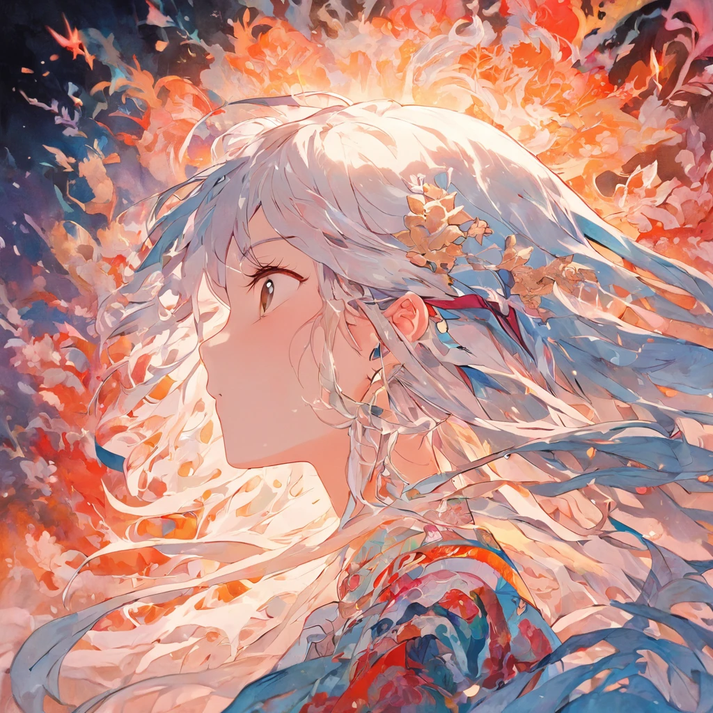 (White background:1.4),(Silhouette of a girl's head, Eyes closed, colorfull long hair, Oriental elements)，(Chinese illustration:1.3，paper art:1.3, Quilted paper art:1.2),( reasonable design, Clear lines, High sharpness,Best quality, Very detailed, Masterpiece, movie light effect, 4K )