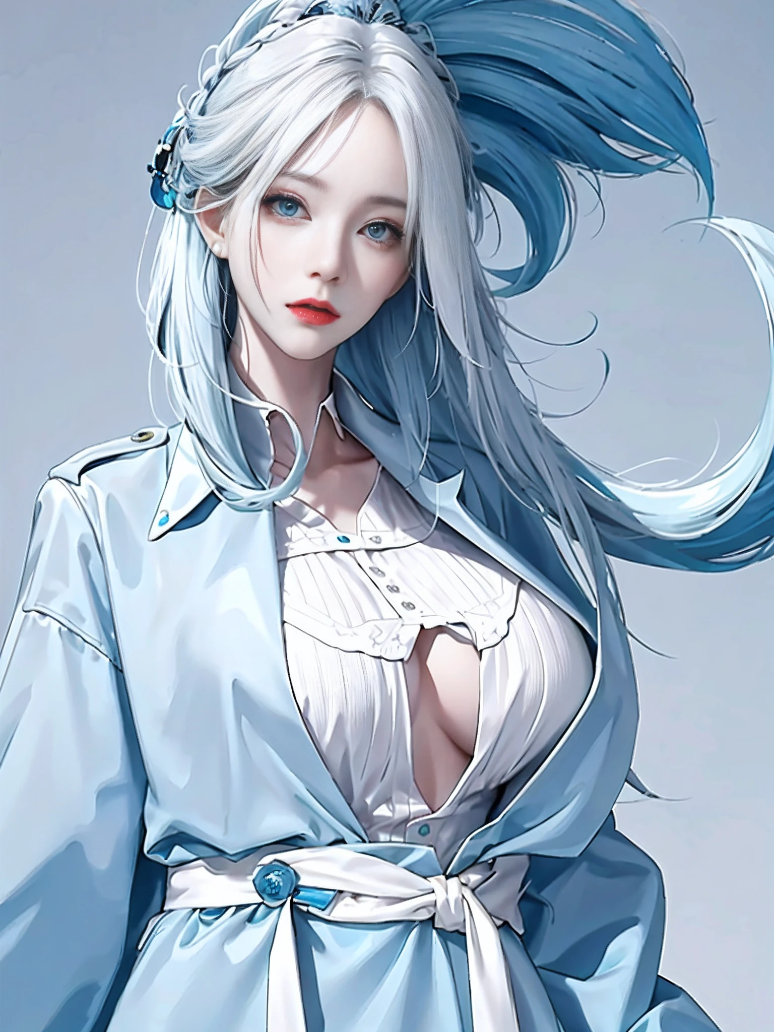 1个Giant Breast Girl，（white skinned：1.2），Colored inner hair，[Silvery hair|blue hairs]，Blue trench coat，largeeyes，Look to the side