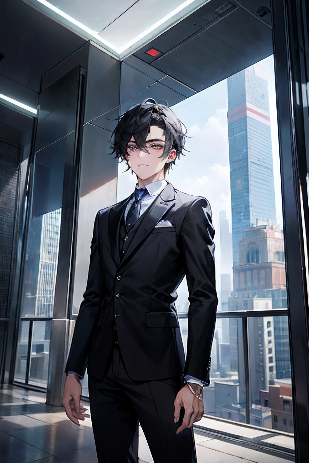 In the vibrant setting of a modern fantasy city, A 24-year-old presents himself with a presence that evokes a combination of youth and maturity. Su cabello corto de color negro enmarca un rostro experimentado y reflexivo, mientras que sus ojos grises reflejan una profundidad de pensamiento. Viste con un traje negro que fluye elegantemente como una capa larga, Adorned with blue details that shine in harmony with the city light. En un plano medio, Your character looks toward the viewer with an expression that captures their determination and a touch of mystery...... en el fondo, The modern city comes alive with futuristic skyscrapers and age-defining technology. En este escenario de maravillas y retos por descubrir, He personifies the fusion of youth and wisdom in a world full of opportunities....