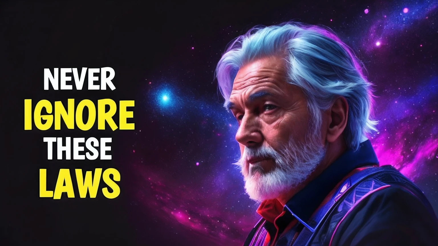 A man with a beard and beard in front of a galaxy background, Mais fundo no metaverso vamos, Outer space is visible, outer space, O filme Duna de Jodorowsky, brilho interior misterioso, Miniatura do YouTube, universo, Wise old man, cabelos prateados, homem de cabelos grisalhos escuros, in the field of internal hyperspace, Velho cyberpunk, Directed by: Josh Bayer
