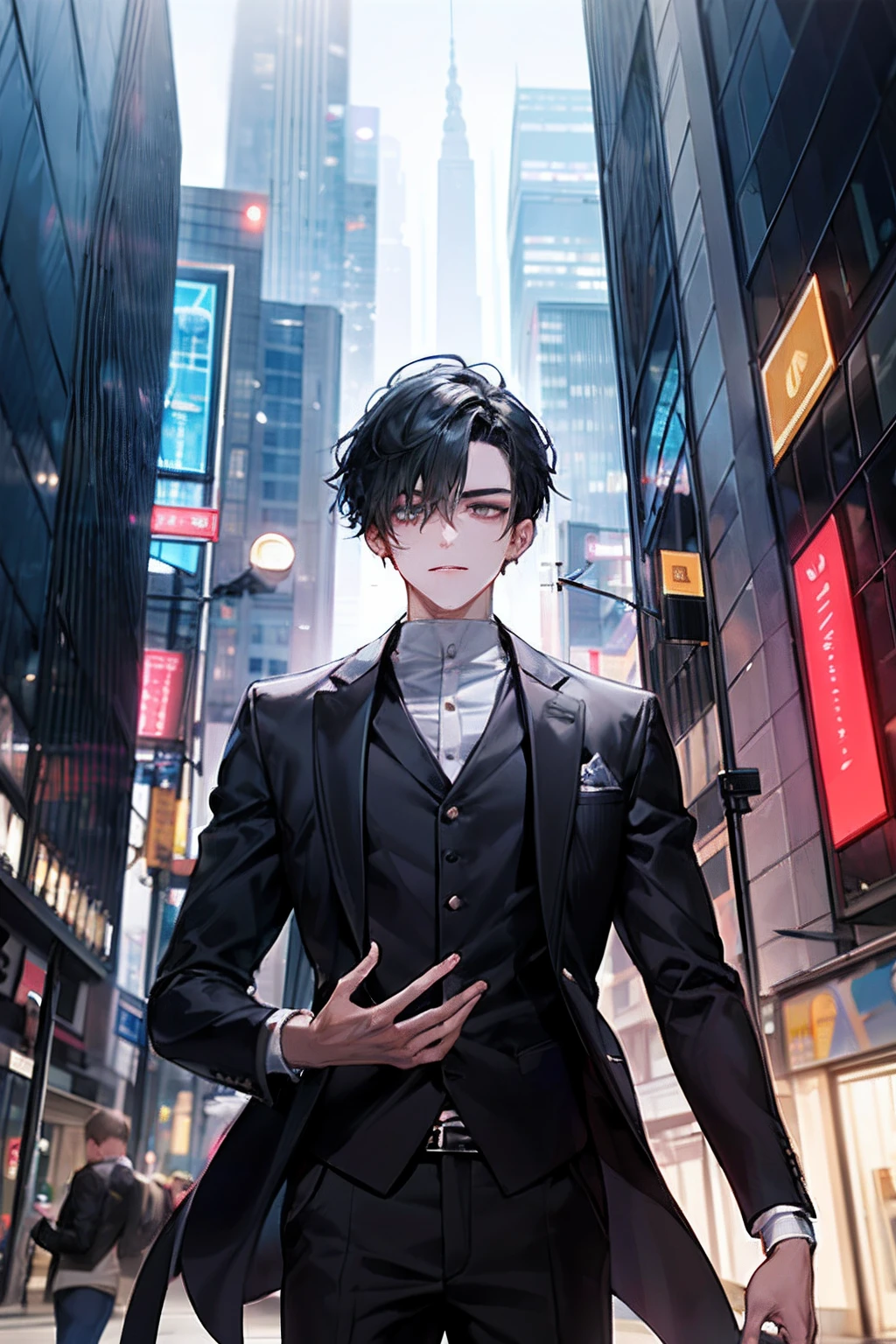 In the vibrant setting of a modern fantasy city, A 24-year-old presents himself with a presence that evokes a combination of youth and maturity. Su cabello corto de color negro enmarca un rostro experimentado y reflexivo, mientras que sus ojos grises reflejan una profundidad de pensamiento. Viste con un traje negro que fluye elegantemente como una capa larga, Adorned with white details that shine in harmony with the city light. En un plano medio, Your character looks toward the viewer with an expression that captures their determination and a touch of mystery...... en el fondo, The modern city comes alive with futuristic skyscrapers and age-defining technology. En este escenario de maravillas y retos por descubrir, He personifies the fusion of youth and wisdom in a world full of opportunities....