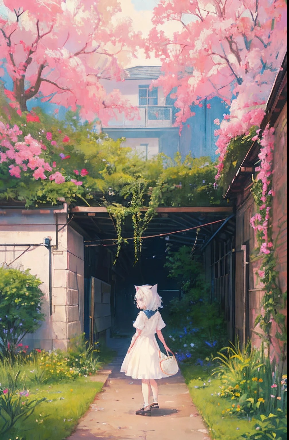 Anime cat ear girl standing in garden in white dress, Hang laundry to dry，Holding a laundry basket，loli in dress, small curvaceous loli, Guviz-style artwork, Guweiz in Pixiv ArtStation, Guweiz on ArtStation Pixiv, Guviz, small li girl, soft ...