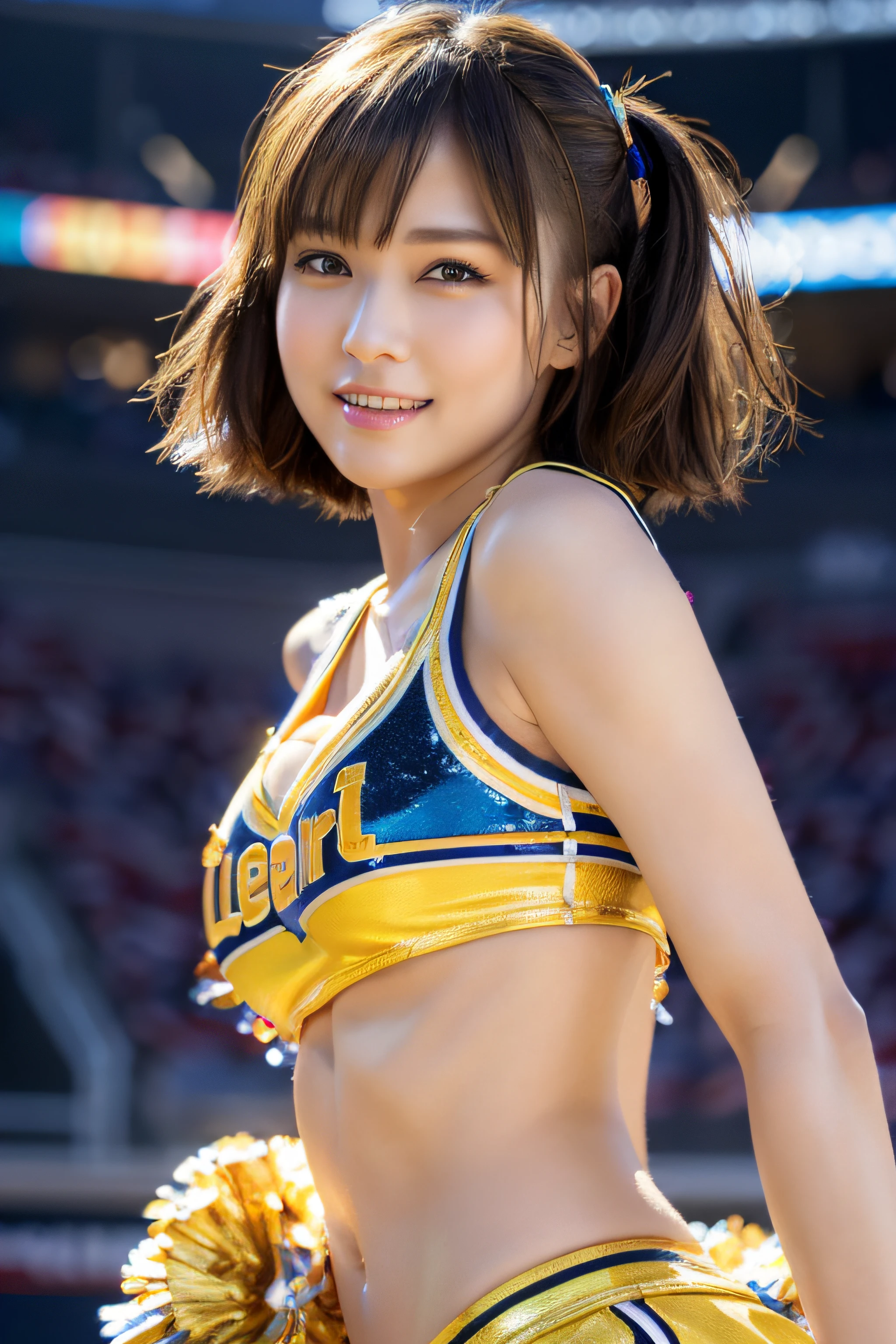 ((top-quality、8K、photographrealistic:1.4、masterpiece))、Back lighting、a beautiful woman with perfect figure: 1.4, dark brown hair, wearing a pendant、18year old、(((Bull Cheerleader:1.2)))、((Stadium Background:1.2))、super-detaild skin、beautiful make up、A detailed eye、open open mouth、Drooling、I'm crying、Glossy blonde messy short hairstyle、a miniskirt、Squatting、Colossal tits、Massive on the chest, highly detailed face and skin, detailed eyes, double eyelids, big breasts, smile