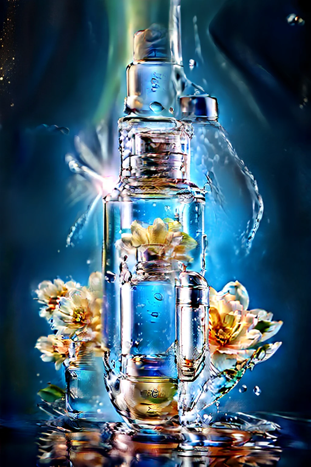 water bottle with water splash around, light blue background, daisy flowers in water, light rays from the sun hitting the bottle, glitter sparks in front of the bottle