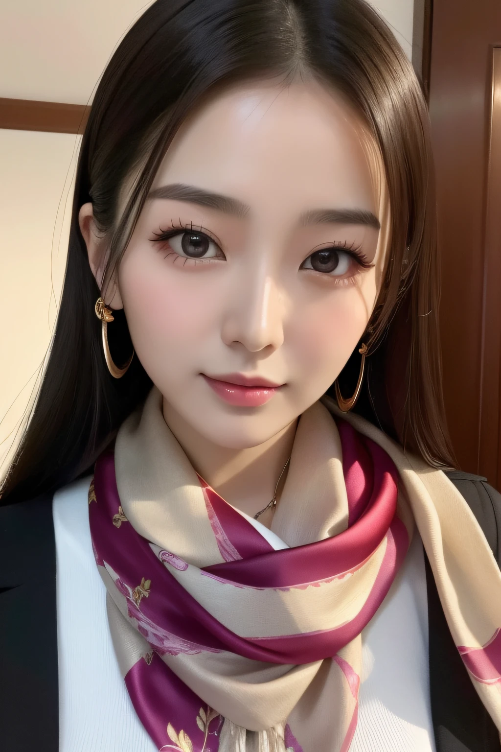 Close-up of a woman wearing a silk scarf and necklace, gorgeous chinese models, She was about 25 years old, she is about 30 years old, 8k selfie photograph, She was about 32 years old, Gorgeous young Korean woman, dilraba dilmurat, Scarf, beautiful Korean women, xintong chen, young cute wan asian face