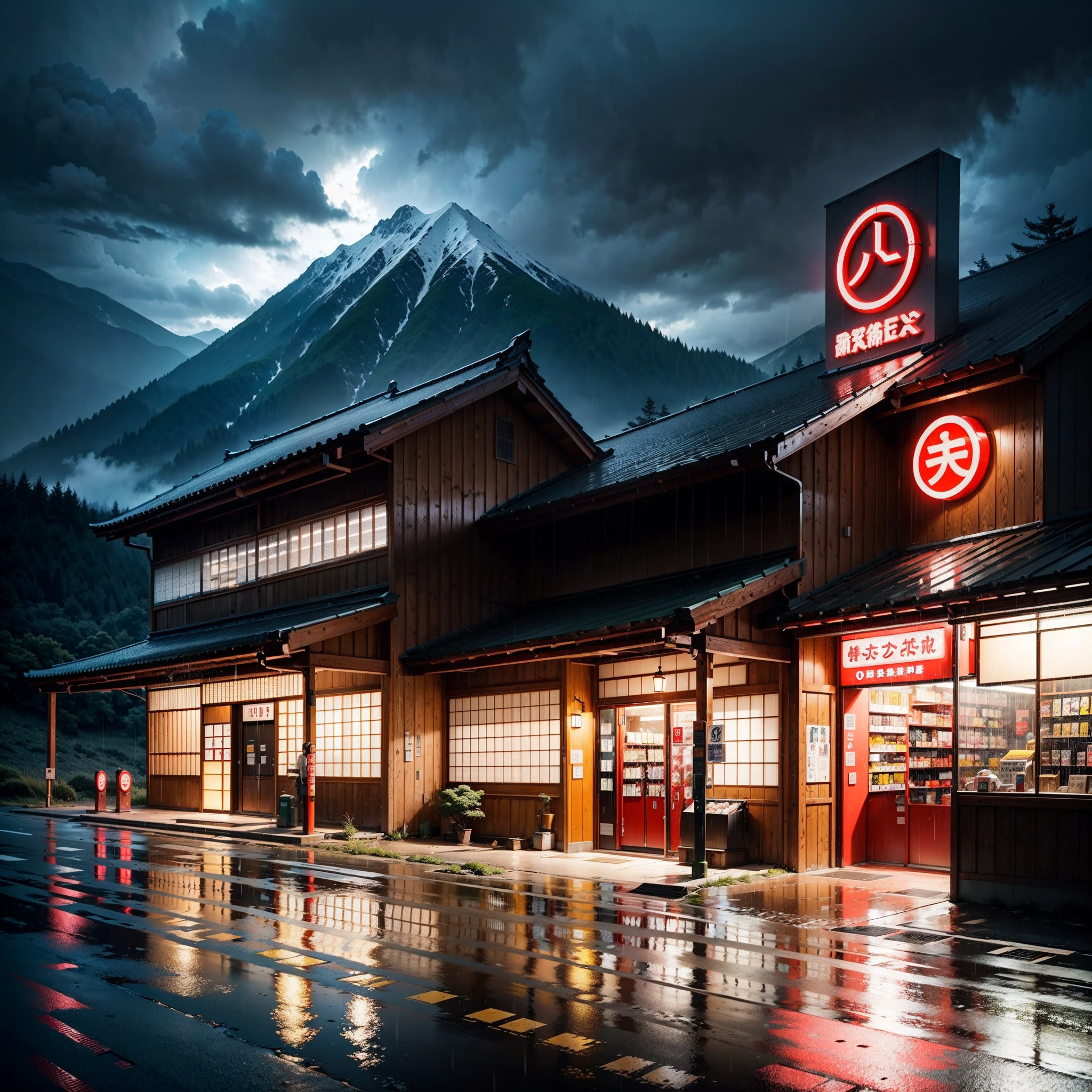 modern Japanese gas station by the side of a road in the mountains. modern Japanese architecture, night-time, rain, best quality, (no one: 1), anime, anime style, lofi, dramatic weather, Japanese shop signs, lofi style, no other building, vegetation, woods, puddles of water, heavy rainfall, neon signs,
