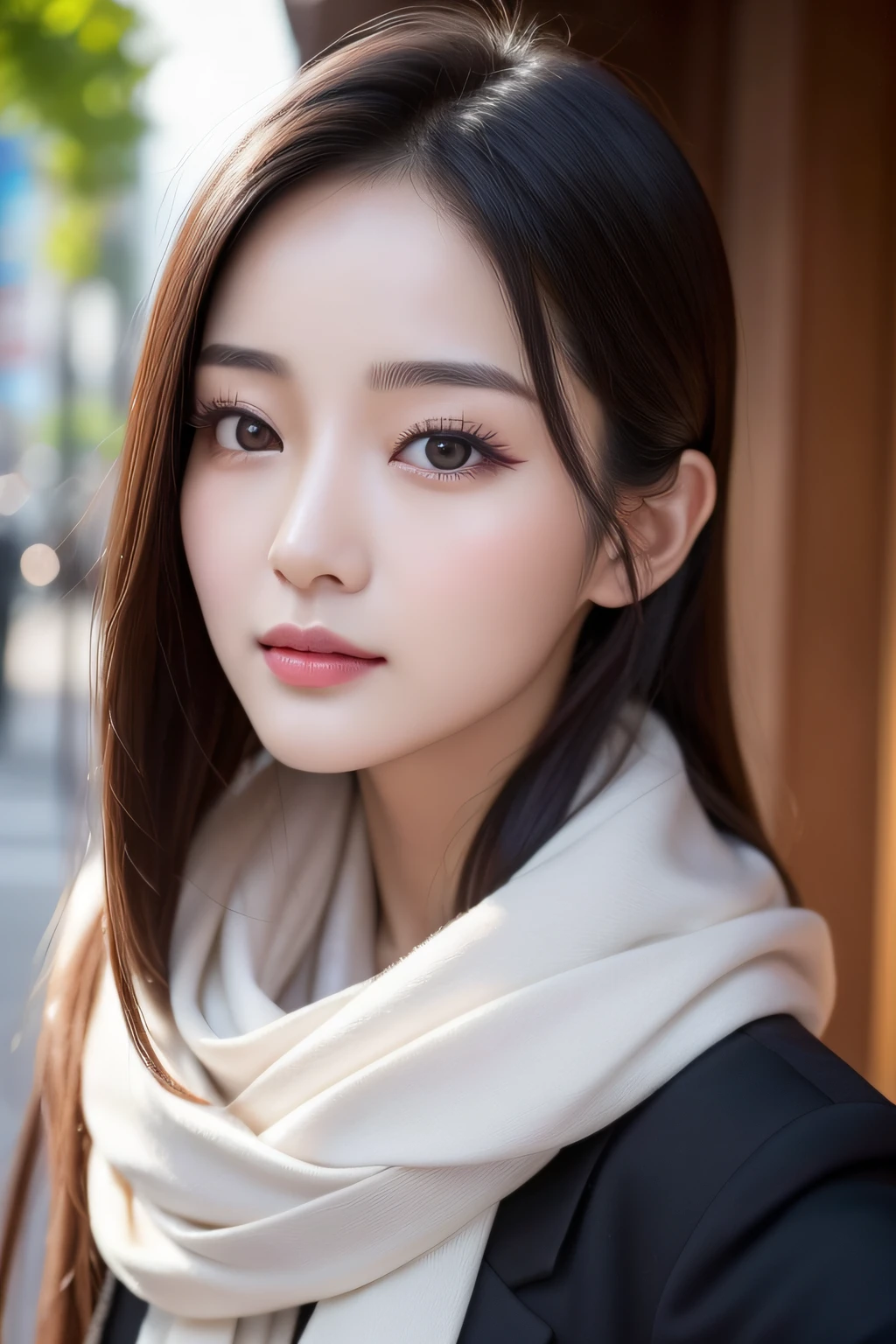 Close-up of a woman wearing a silk scarf and necklace, gorgeous chinese models, She was about 25 years old, she is about 30 years old, 8k selfie photograph, She was about 32 years old, Gorgeous young Korean woman, dilraba dilmurat, Scarf, beautiful Korean women, xintong chen, young cute wan asian face