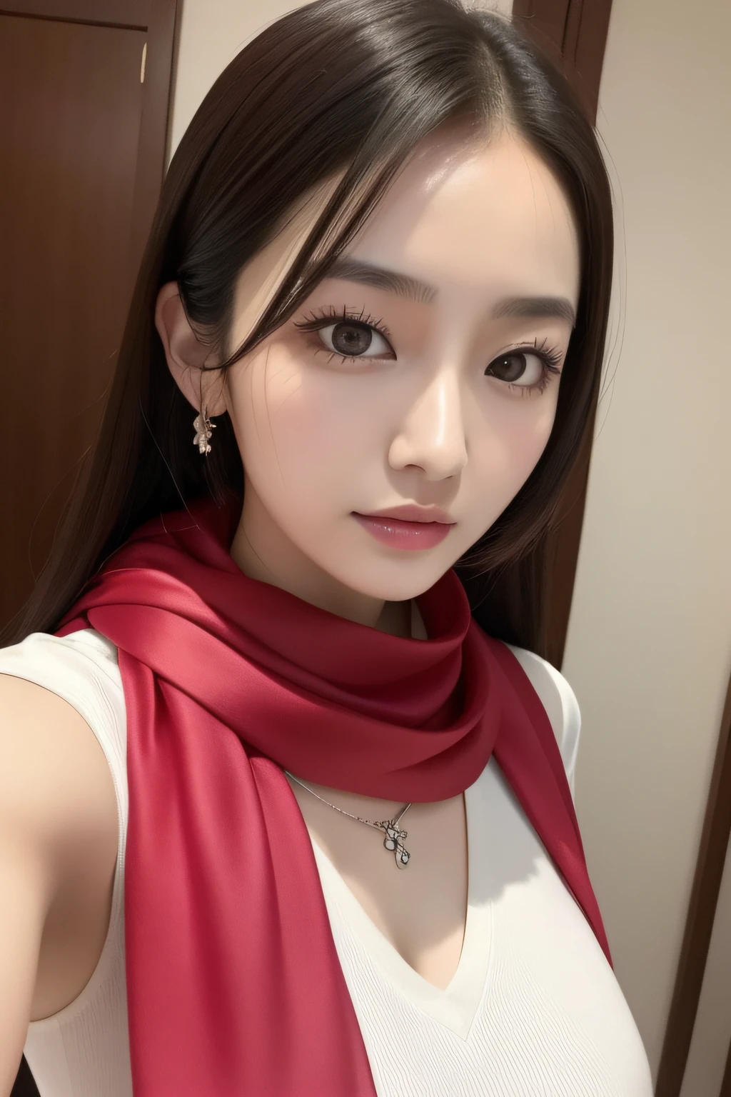 Close-up of a woman wearing a silk scarf and necklace, gorgeous chinese models, She was about 25 years old, she is about 30 years old, 8k selfie photograph, She was about 32 years old, Gorgeous young Korean woman, dilraba dilmurat, Scarf, beautiful Korean women, xintong chen, young cute wan asian face