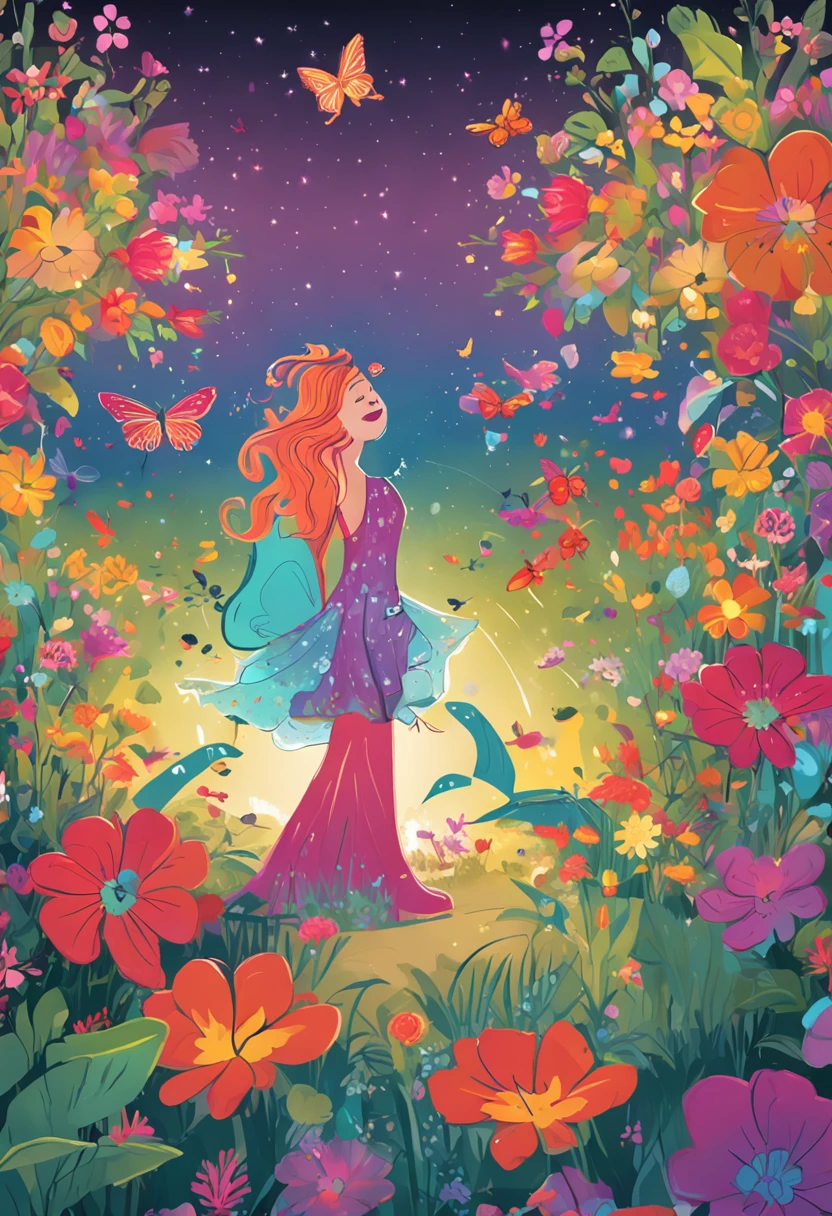 Ilustre uma cena encantadora e vibrante de um jardim repleto de flores coloridas, where a butterfly named Aurora is in the center. Suas asas, inicialmente brancas, are beginning to gain radiant colors as she performs acts of kindness and compassion. The colors are spreading from their wings to the surrounding flowers, Making the garden come alive with a spectacle of colors. The expression on Aurora's face should reflect the accomplishment and joy of discovering the power of goodness. A luz do sol deve destacar as cores brilhantes das asas e das flores, Creating a magical and inspiring scene.