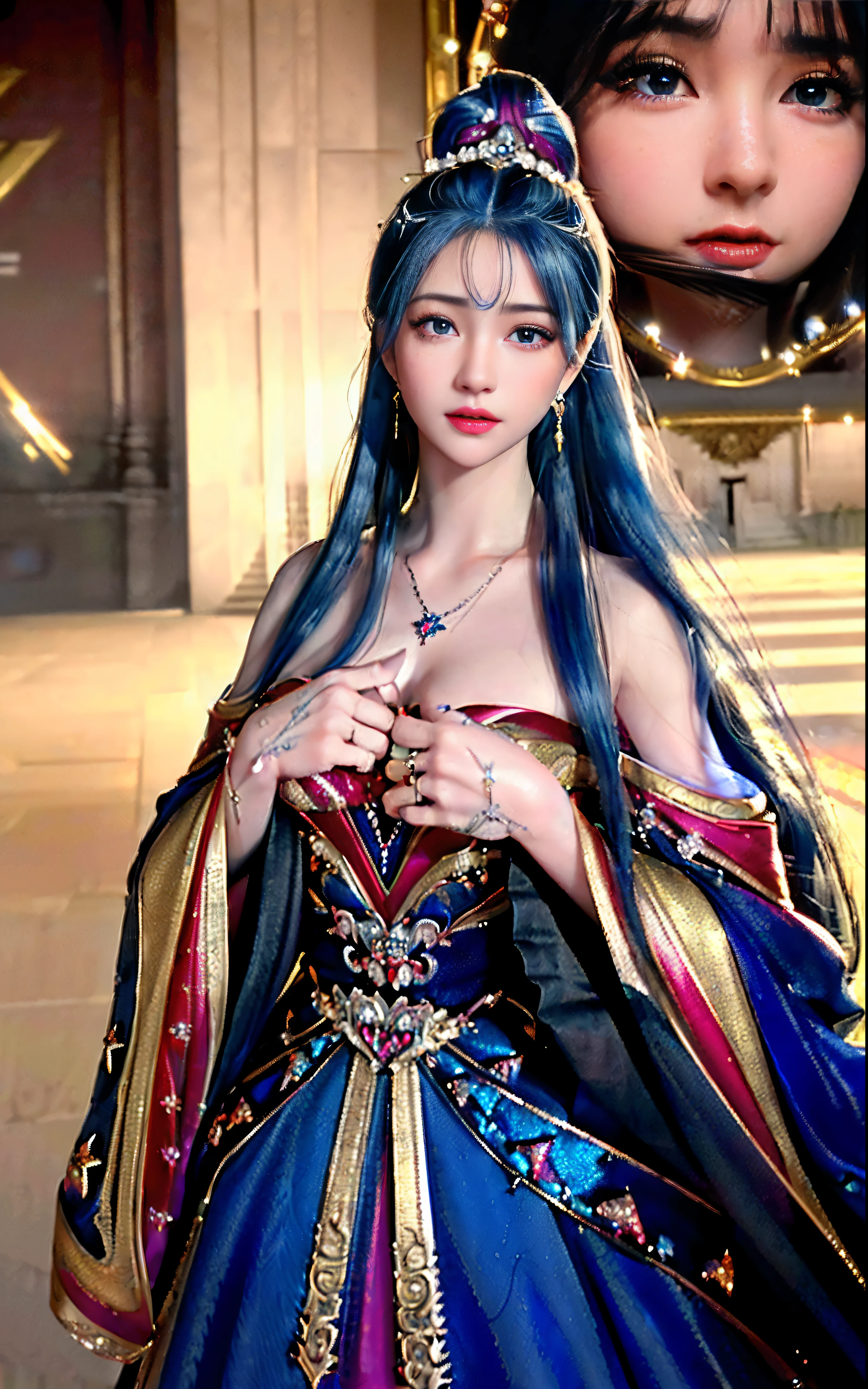 ((realisticity: 1.2)), ((realistic: 8K UHD)), ((best resolution: 8K UHD)), hyper detailed, best quality,masterpiece,highres,cg, ((1 girl hyper detailed and hyper realistic) ) , ((beautiful queen, hyper realistic and hyper detailed)),((white skin, beautiful, smooth, youthful, hyper realistic and hyper detailed )), ((Face hyper beautiful, white, hyper realistic and hyper detailed ) ), long hair, ((hyper realistic and hyper detailed dress)), solo, ((hyper realistic, hyper beautiful, beautiful and hyper detailed jewelry)), ((hyper beautiful deep red and golden yellow dress, hyper realistic and hyper detailed )) , ((Her pretty, hyper realistic, hyper detailed diamond filled earrings)), ((Her gorgeous diamond haircut, hyper realistic and hyper detailed)), ((hyper pretty upper body, hyper beautiful, hyper realistic and hyper detailed) ), ((medium breast: 1.1)), ((hyper realistic, hyper pretty, hyper detailed boobs)), ((the backgroun of the royal palace is hyper majestic, hyper realistic and hyper detailed)),((hands and palms hyper beautiful, hyper detailed, hyper realistic)), ((hyper detailed and hyper realistic fingers and fingernails)), ((hyper pretty fingernails, hyper vivid, hyper detailed, hyper realistic)), ((thumb, index finger, middle finger, ring finger, little finger hyper vivid, hyper pretty, hyper detailed, hyper realistic)), ((hyper beautiful fingers, hyper detailed, and hyper realistic)), ((posture not too fat and not too thin, hyper realistic, hyper detail)), ((hyper pretty, hyper pretty, hyper realistic and hyper detailed hair bun)), ((hyper pretty , hyper realistic and hyper detailed blue hair)), candid, Photo, high resolution, 8k , bokeh,