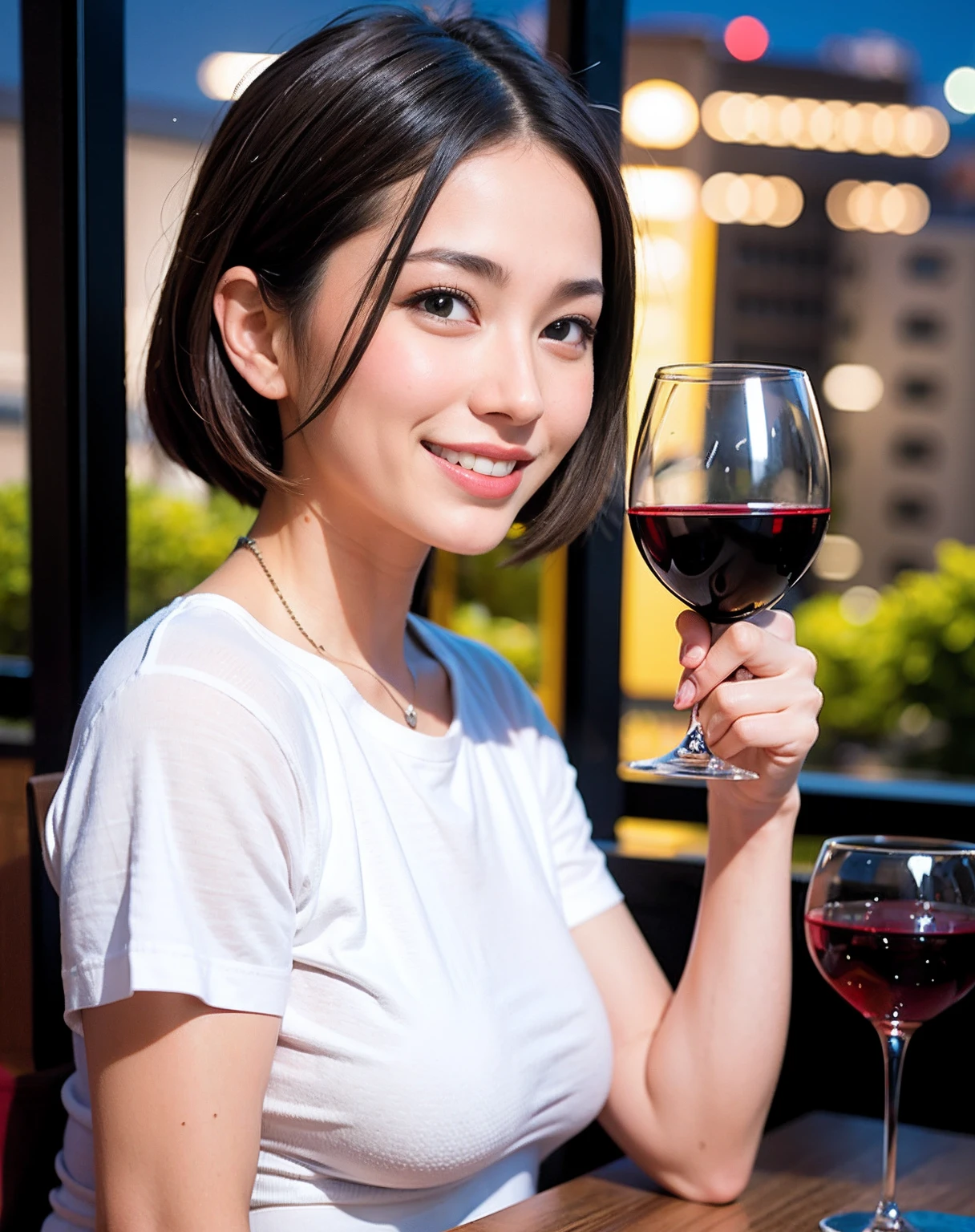 ((Highest quality、8K、masterpiece:1.3))、1 male、1 female、Couple、spouse、Couple、The body is slim、((Bob Hale、Straight hair:1.2)), (Realistic, Intricate details:1.2), テーブルの上のwine glass、Put the light on your face、 Amazing view of the sunset sky and clouds、Amazing mountain views、A bright smile、The wonderfulness of smile、Bright image、The beauty of wine, Beautiful Face, blue eyes, The light shines on your face, Blushing, short hair,Bright Face、 (Age 37), 39 years old, red wine 、Appetizers、Italian food、Wine bottle、Champagne、sparkling wine、Two beauties、Brown Hair、Shortcuts、Long sleeve shirt、dress、Beautiful woman 1, (slimな顔), (The body is slim), (Brown Hair), (Shortcuts), cheeks turn a little red,Attractive beauty、restaurant, In a prominent place (From the waist up) Nova Frog Style, actress, model, Upper Body, White wine, slim, wine glass, 中央に置かれたwine glass, smile, (smile: 1.15), Beautiful fine grain, Depth f/2,saturation, High Contrast, Strong light and shadow,Moist Body:1.5、3D texture、Delicate eyes、Brown Hair、The hair is very shiny、