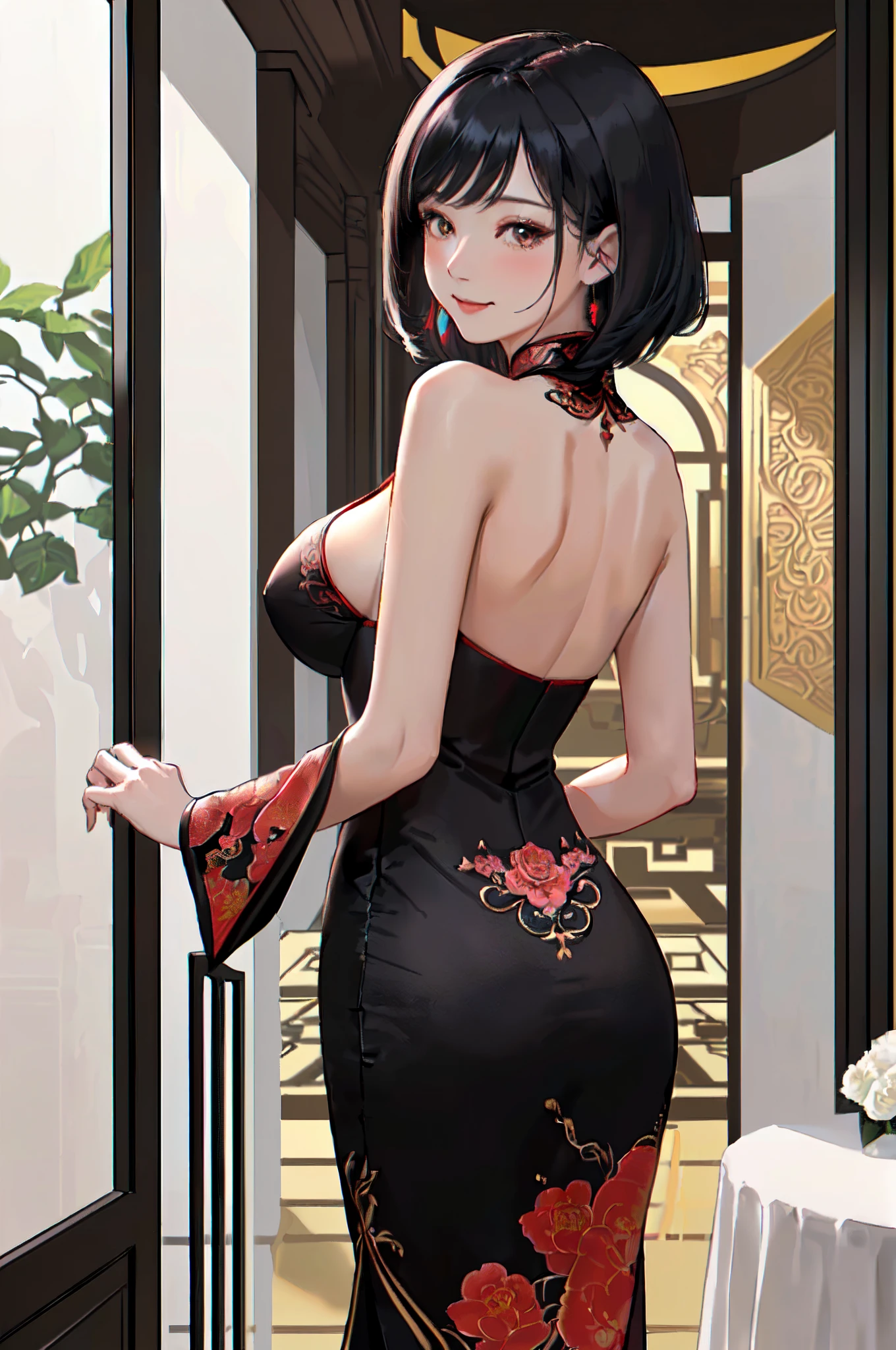 Entrance to luxury hotels(inside the house), One female solo looking back from behind a mature woman /(Black medium hair/), cheongsam colorful clothes, blush gentle smile, (masterpiece best quality:1.3) Delicate illustration high resolution ultra detail, Large breasts
