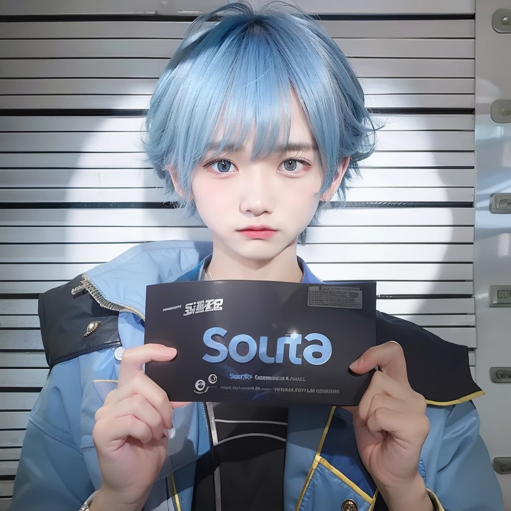 1boy, blue hair, realistic, blue jacket, souta, super detail